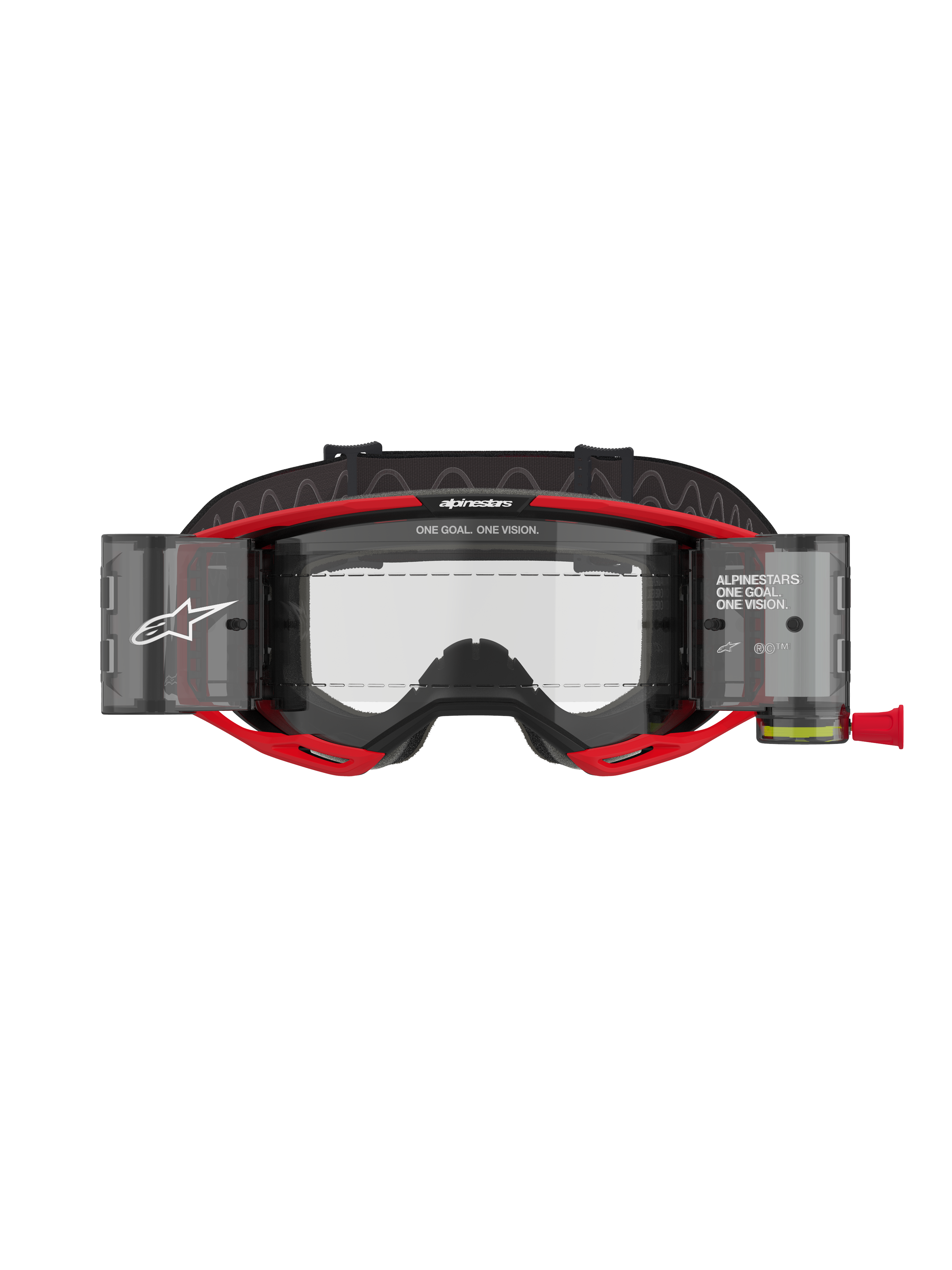 Alpinestars Vision 8 Luar Goggles Roll Off, maschera da motocross, rosso e nero, dotata di lente trasparente con rullini del sistema roll-off integrati, marchio Alpinestars con scritta "ONE GOAL. ONE VISION.", progettata per la visibilità nelle corse fuoristrada