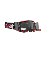 Alpinestars Vision 8 Luar Roll Off, maschere da motocross, montatura rossa e nera con lente trasparente, sistema roll-off integrato e ampia fascia nera con loghi bianchi e dettagli rossi