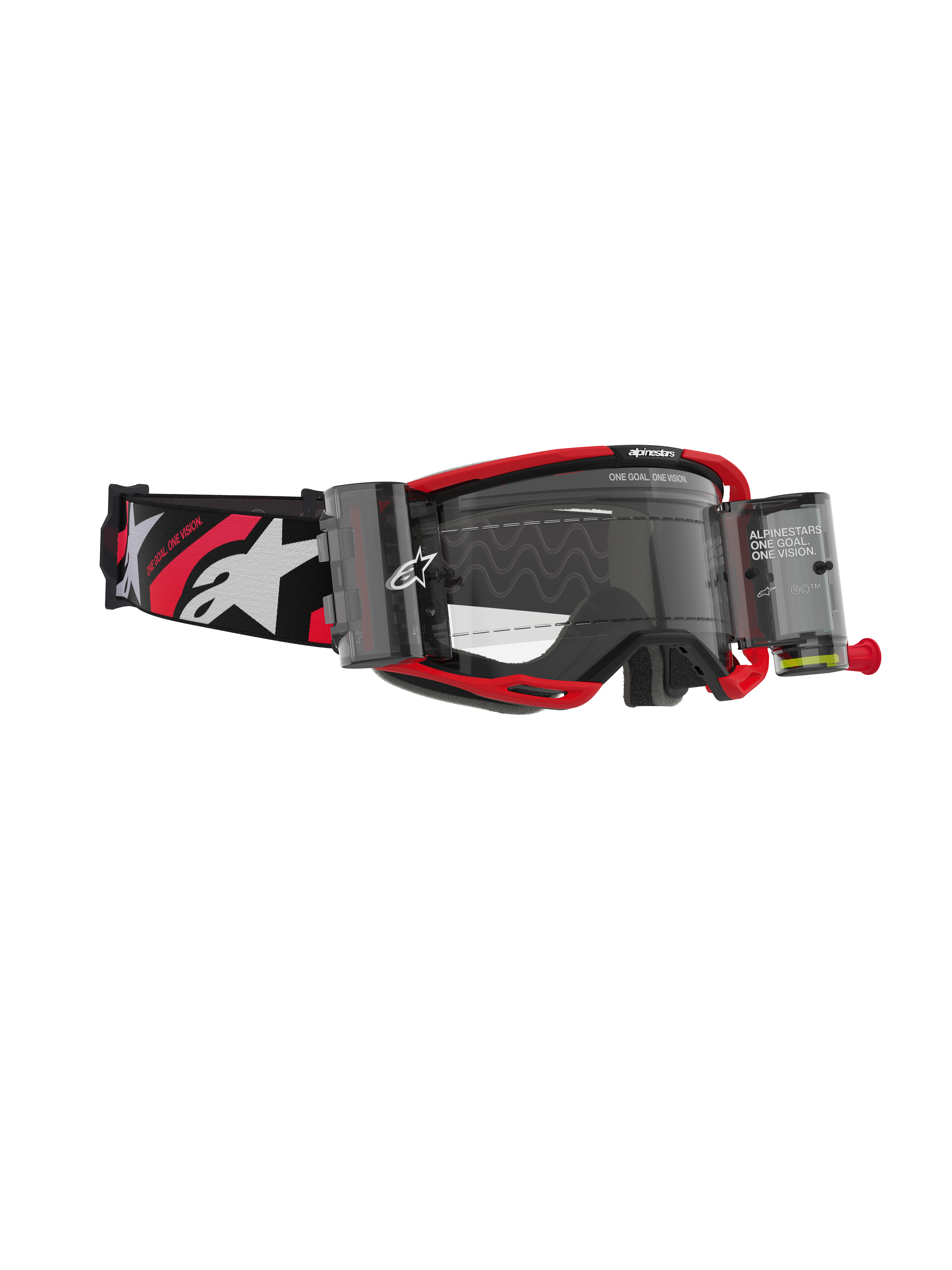 Alpinestars Vision 8 Luar Roll Off, maschere da motocross, montatura rossa e nera con lente trasparente, sistema roll-off integrato e ampia fascia nera con loghi bianchi e dettagli rossi