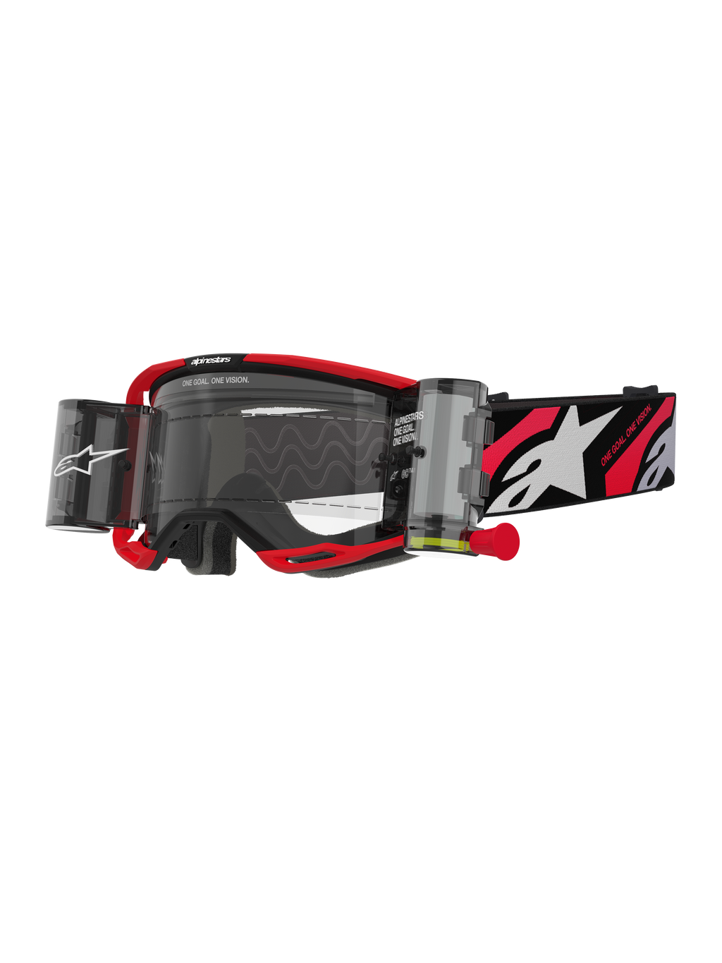 Alpinestars Vision 8 Luar Goggles Roll Off, occhiali da motocross rossi e neri, lente trasparente con sistema roll-off integrato a visione ampia, linguetta rossa, cinturino nero con logo a stella bianco e grafiche 'ONE GOAL ONE VISION'