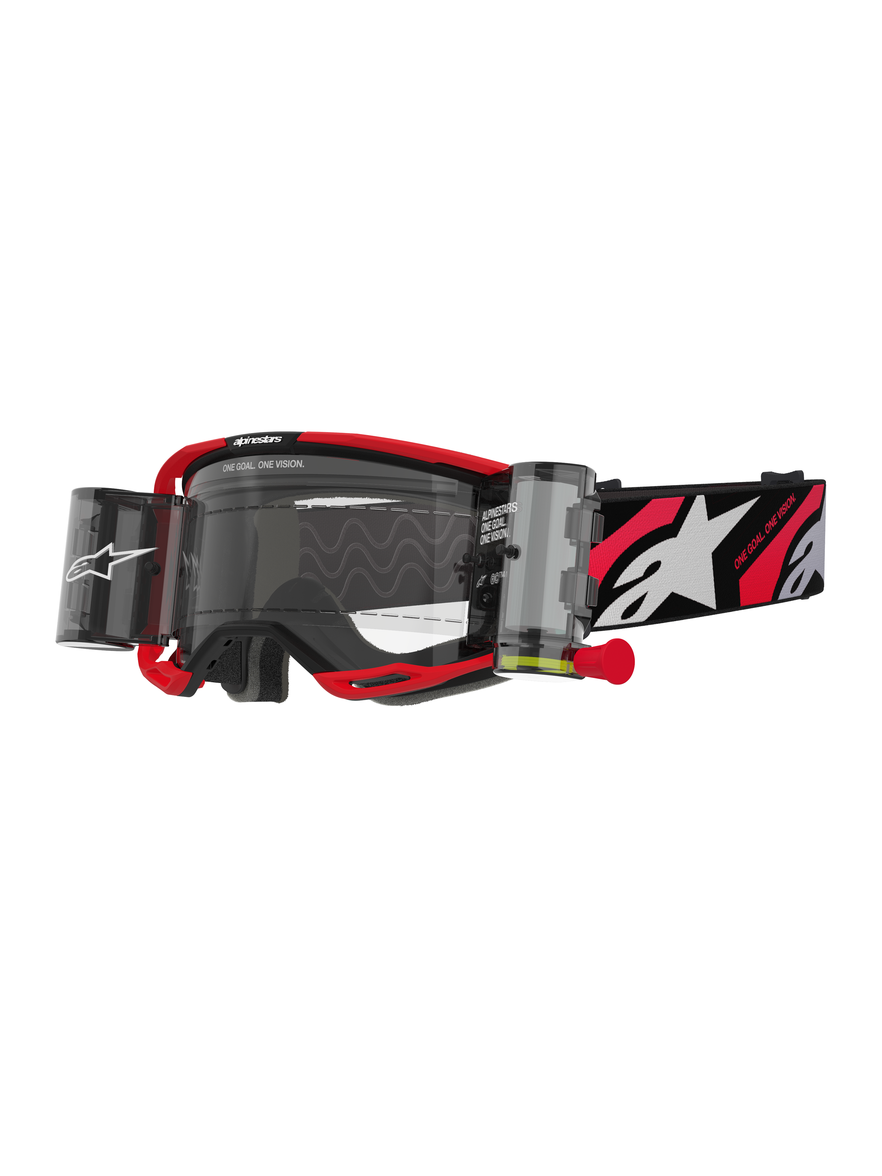 Alpinestars Vision 8 Luar Goggles Roll Off, occhiali da motocross rossi e neri, lente trasparente con sistema roll-off integrato a visione ampia, linguetta rossa, cinturino nero con logo a stella bianco e grafiche 'ONE GOAL ONE VISION'