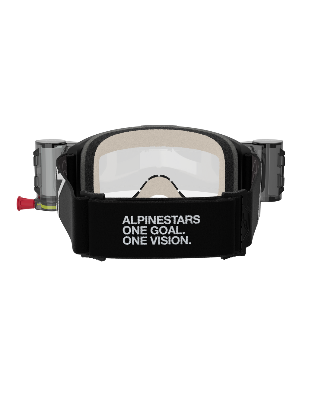 Alpinestars Vision 5 Corp Goggles Roll Off, occhiali da motocross, nero e trasparente, vista posteriore con ampia fascia nera con branding 'ALPINESTARS ONE GOAL. ONE VISION.', contenitori del sistema roll-off e confortevole schiuma facciale multistrato