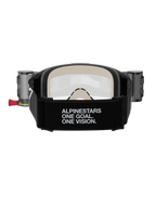 Alpinestars Vision 5 Corp Goggles Roll Off, occhiali da motocross, nero e trasparente, vista posteriore con ampia fascia nera con branding 'ALPINESTARS ONE GOAL. ONE VISION.', contenitori del sistema roll-off e confortevole schiuma facciale multistrato