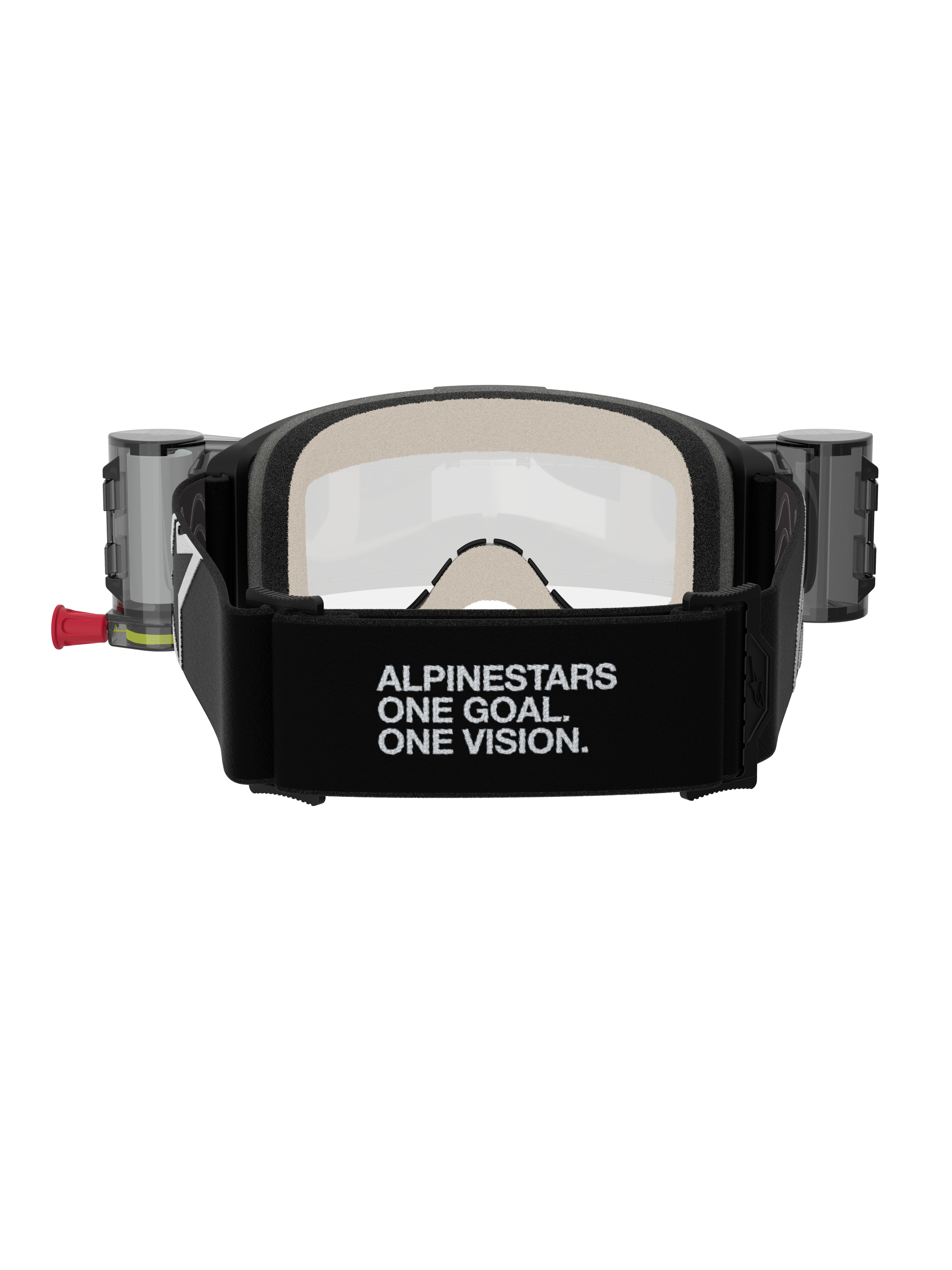 Alpinestars Vision 5 Corp Goggles Roll Off, occhiali da motocross, nero e trasparente, vista posteriore con ampia fascia nera con branding 'ALPINESTARS ONE GOAL. ONE VISION.', contenitori del sistema roll-off e confortevole schiuma facciale multistrato