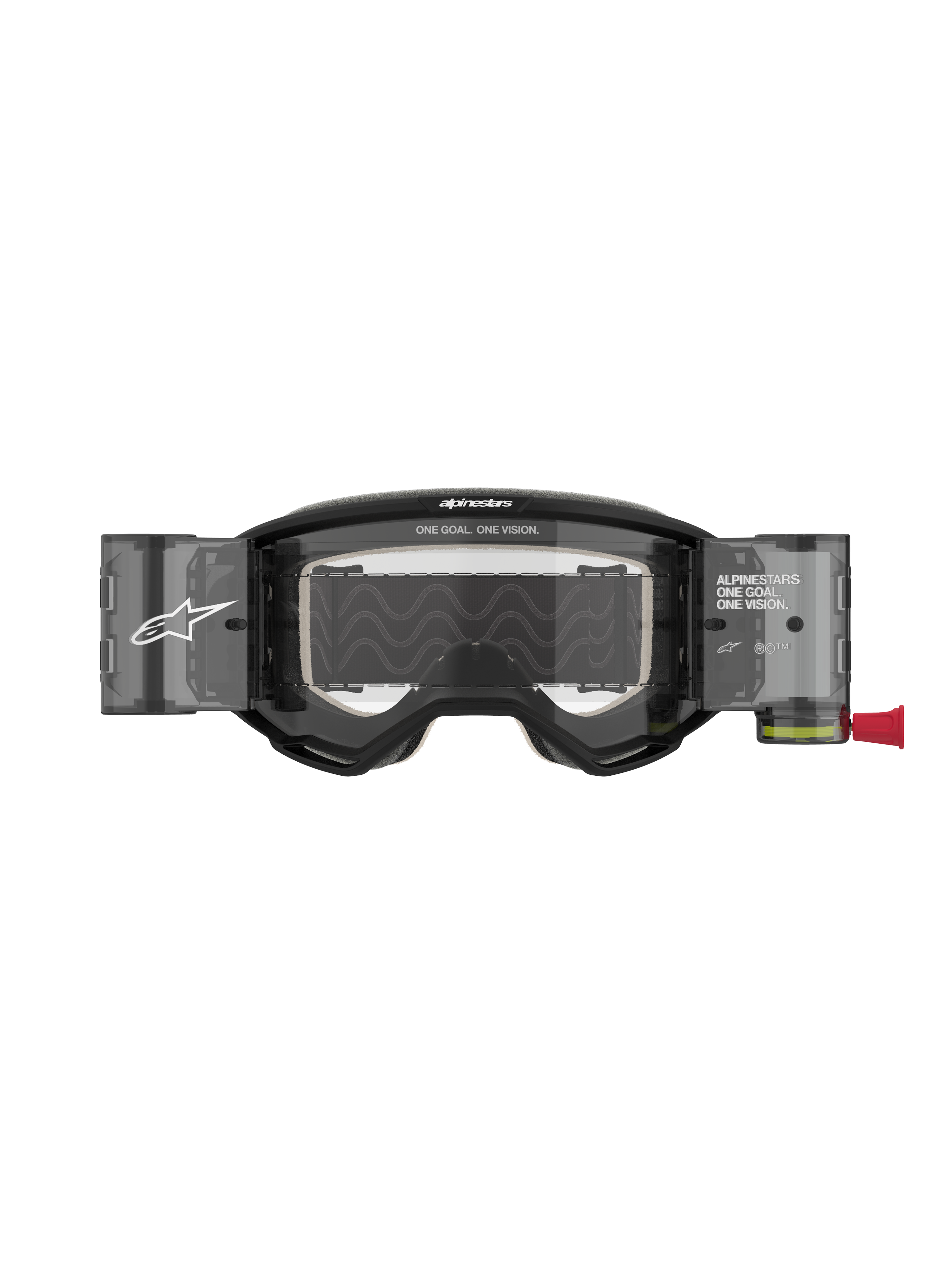Occhiali Alpinestars Vision 5 Corp Roll Off, occhiali da motocross, neri con lente trasparente, caratterizzati da sistema Wide Vision Roll-Off integrato, lente antiappannamento in policarbonato, montatura in uretano A-FLEX e branding Alpinestars.