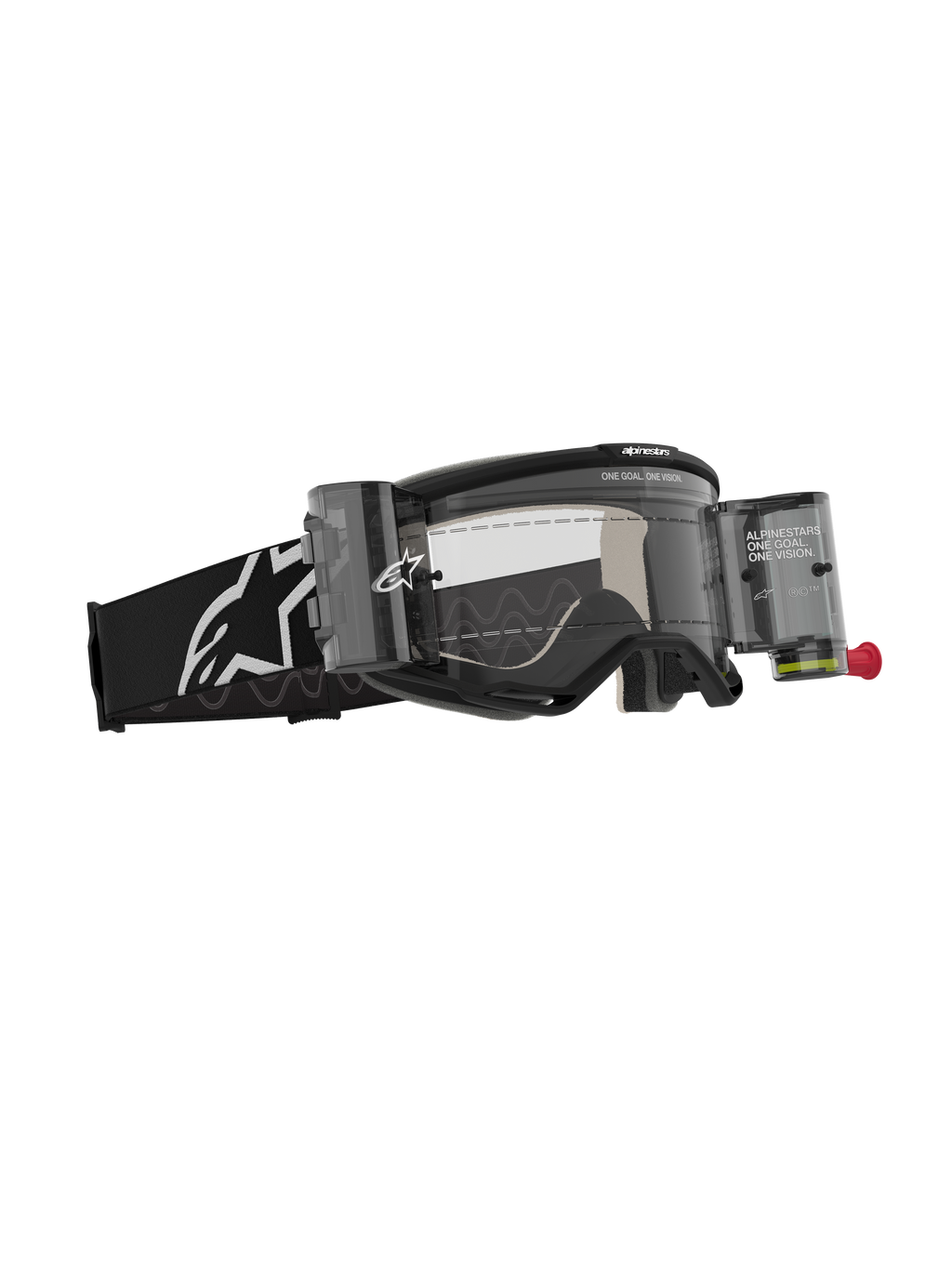 Alpinestars Vision 5 Corp Goggles Roll Off, occhiali da motocross, nero con lente trasparente, sistema Wide Vision Roll-Off con contenitori e pellicola, fascia intrecciata nera con logo Alpinestars bianco, protezione oculare ad alte prestazioni per il fuoristrada