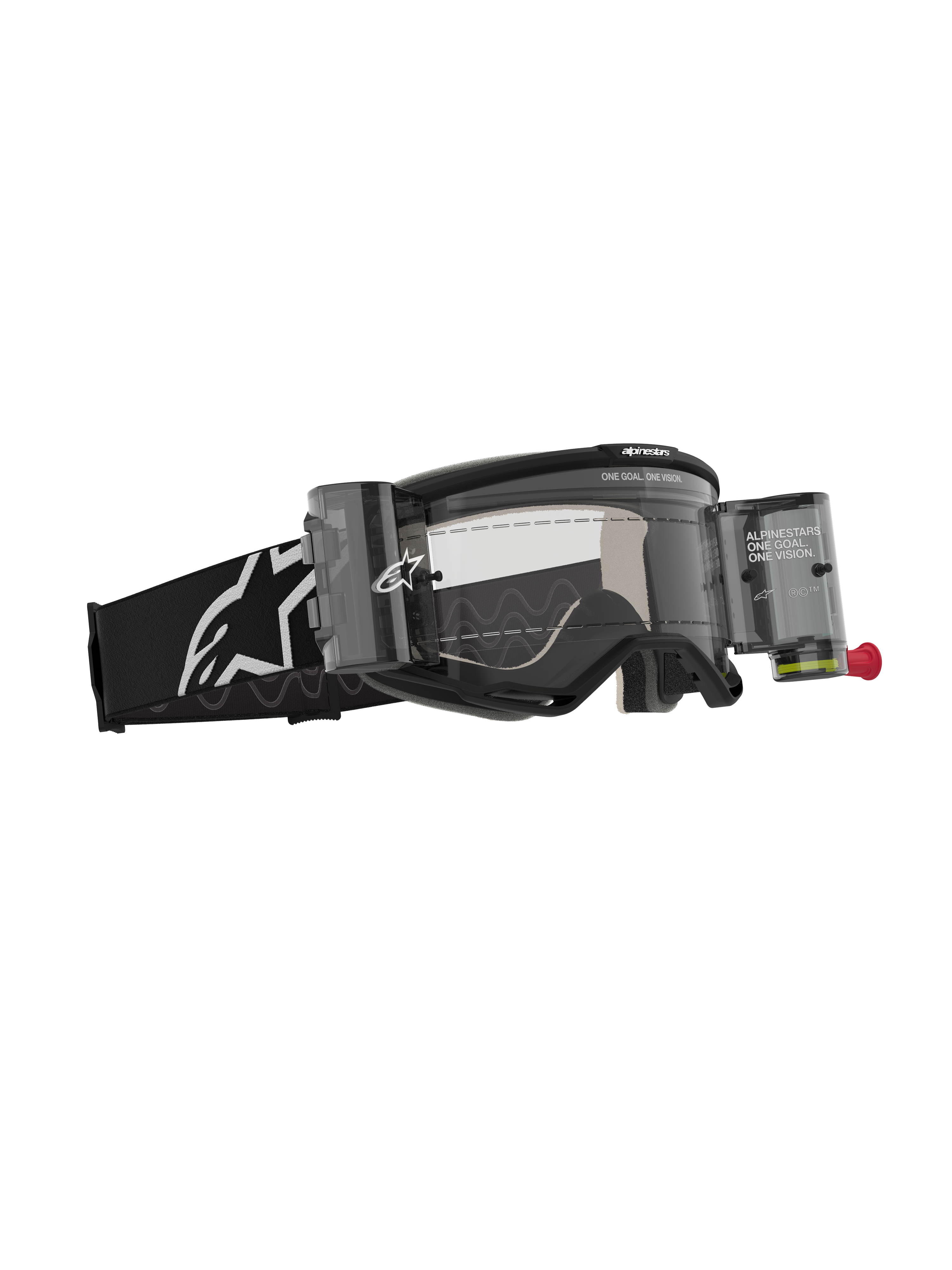 Alpinestars Vision 5 Corp Goggles Roll Off, occhiali da motocross, nero con lente trasparente, sistema Wide Vision Roll-Off con contenitori e pellicola, fascia intrecciata nera con logo Alpinestars bianco, protezione oculare ad alte prestazioni per il fuoristrada