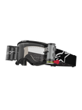 Alpinestars Vision 5 Corp Goggles Roll Off, occhiali da motocross, nero e bianco, lente trasparente con sistema roll-off Wide Vision integrato, linguetta rossa, fascia nera con logo a stella bianco, branding ONE GOAL ONE VISION