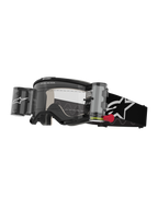 Alpinestars Vision 5 Corp Goggles Roll Off, occhiali da motocross, nero e bianco, lente trasparente con sistema roll-off Wide Vision integrato, linguetta rossa, fascia nera con logo a stella bianco, branding ONE GOAL ONE VISION