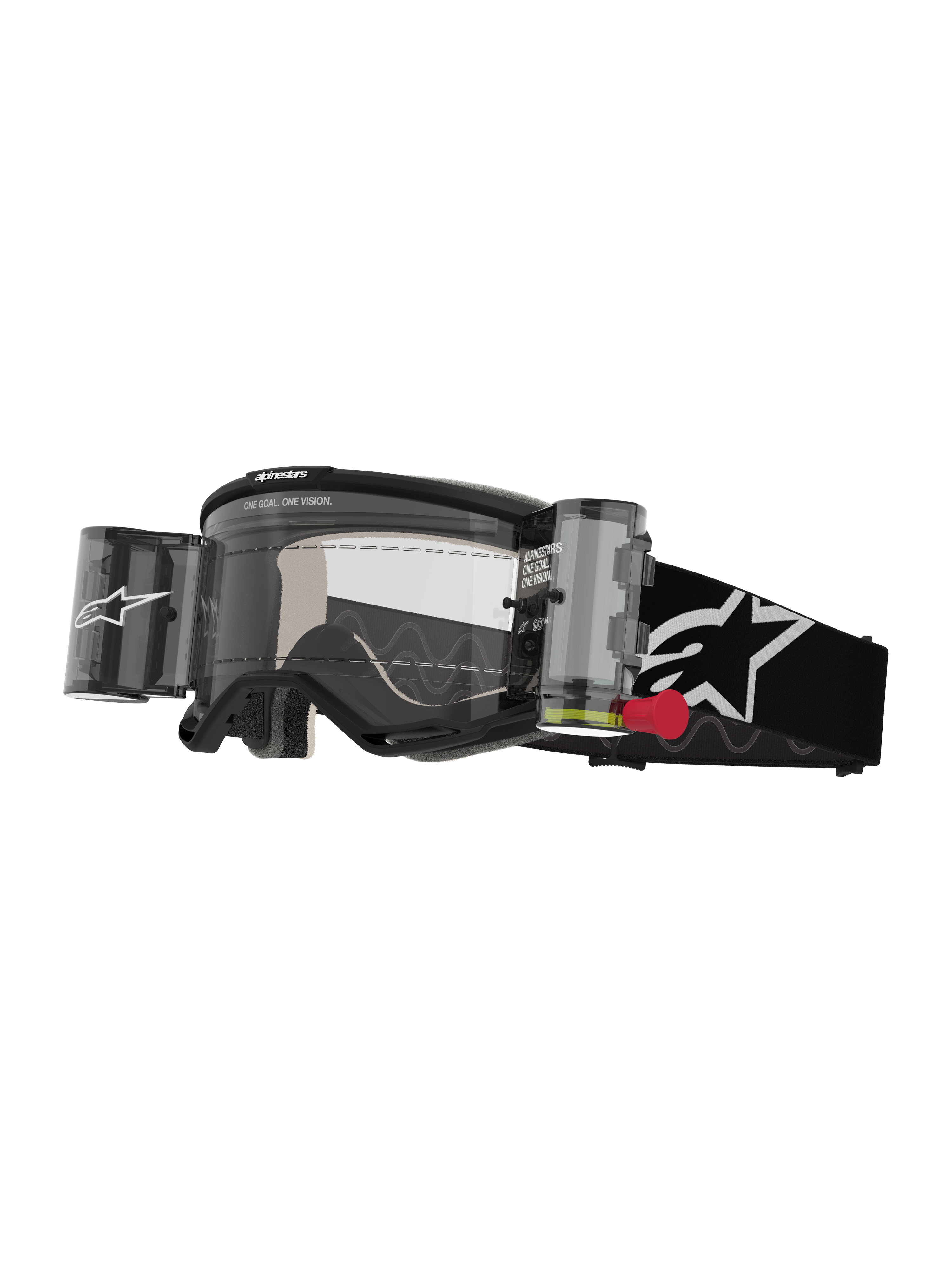 Alpinestars Vision 5 Corp Goggles Roll Off, occhiali da motocross, nero e bianco, lente trasparente con sistema roll-off Wide Vision integrato, linguetta rossa, fascia nera con logo a stella bianco, branding ONE GOAL ONE VISION