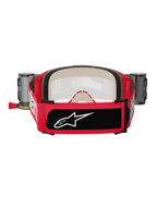 Maschere Alpinestars Vision 5 Blaze Roll Off, rosso e nero, vista posteriore con ampia fascia tessuta con marchio bianco e toppa con logo nera, spessa schiuma facciale multistrato e contenitori del sistema Wide Vision Roll-Off sui lati, equipaggiamento protettivo da motocross