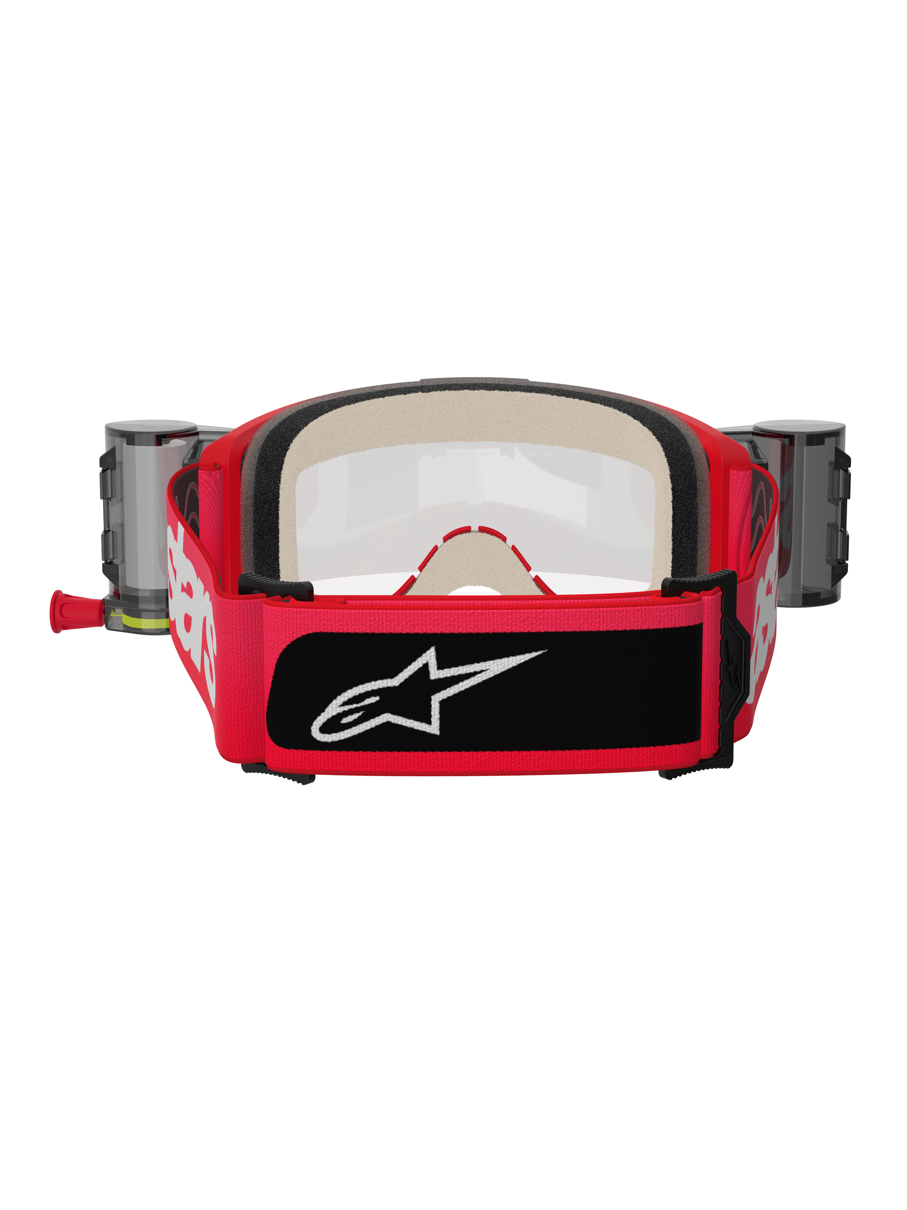 Maschere Alpinestars Vision 5 Blaze Roll Off, rosso e nero, vista posteriore con ampia fascia tessuta con marchio bianco e toppa con logo nera, spessa schiuma facciale multistrato e contenitori del sistema Wide Vision Roll-Off sui lati, equipaggiamento protettivo da motocross