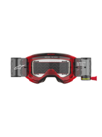 Alpinestars Vision 5 Blaze Goggles Roll Off, maschere da motocross, montatura rossa con lente trasparente, sistema Wide Vision Roll-Off integrato con contenitori laterali, branding 'ONE GOAL. ONE VISION.' sulla montatura e sulla lente, protezione oculare professionale per il fuoristrada