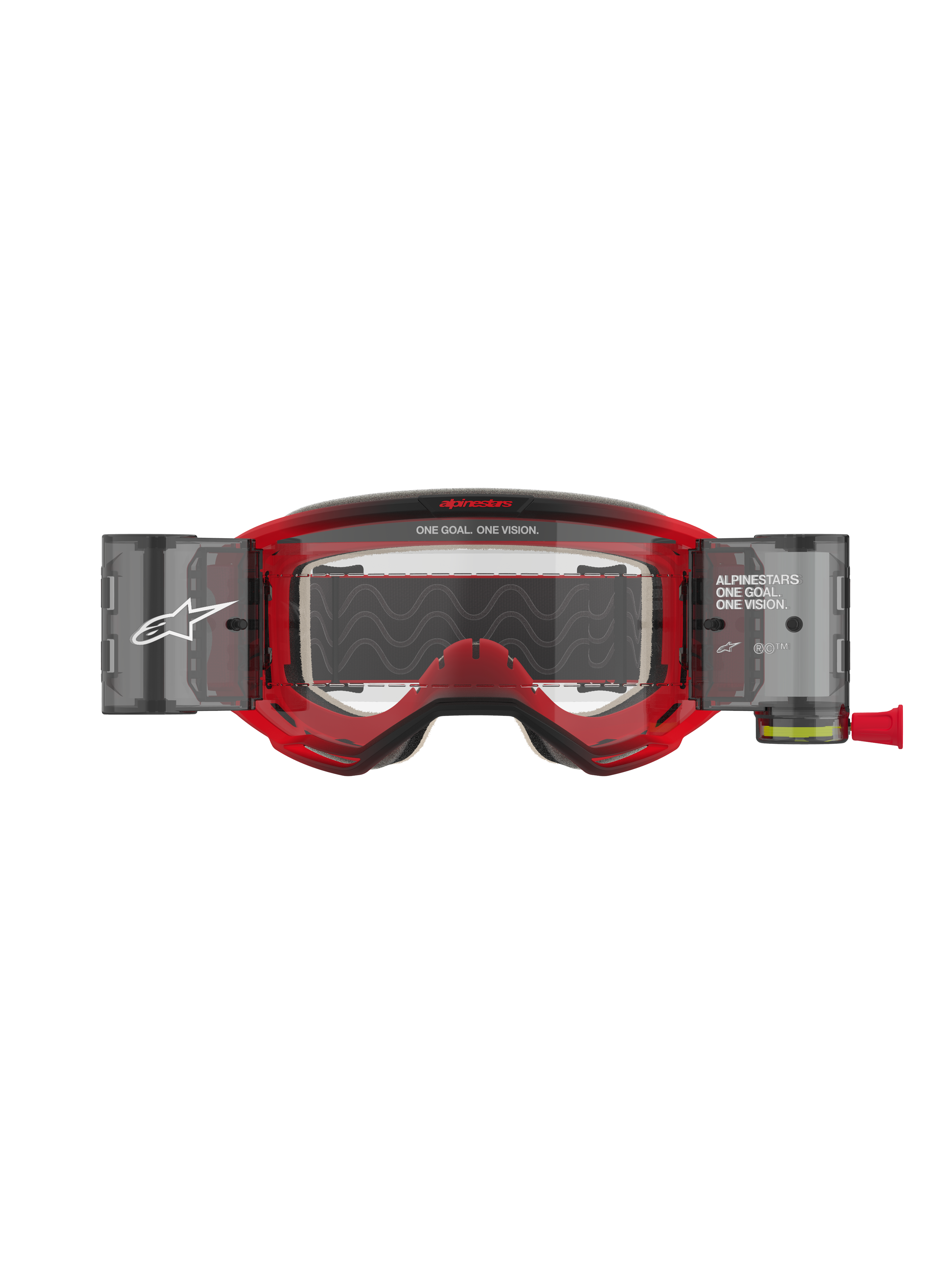 Alpinestars Vision 5 Blaze Goggles Roll Off, maschere da motocross, montatura rossa con lente trasparente, sistema Wide Vision Roll-Off integrato con contenitori laterali, branding 'ONE GOAL. ONE VISION.' sulla montatura e sulla lente, protezione oculare professionale per il fuoristrada