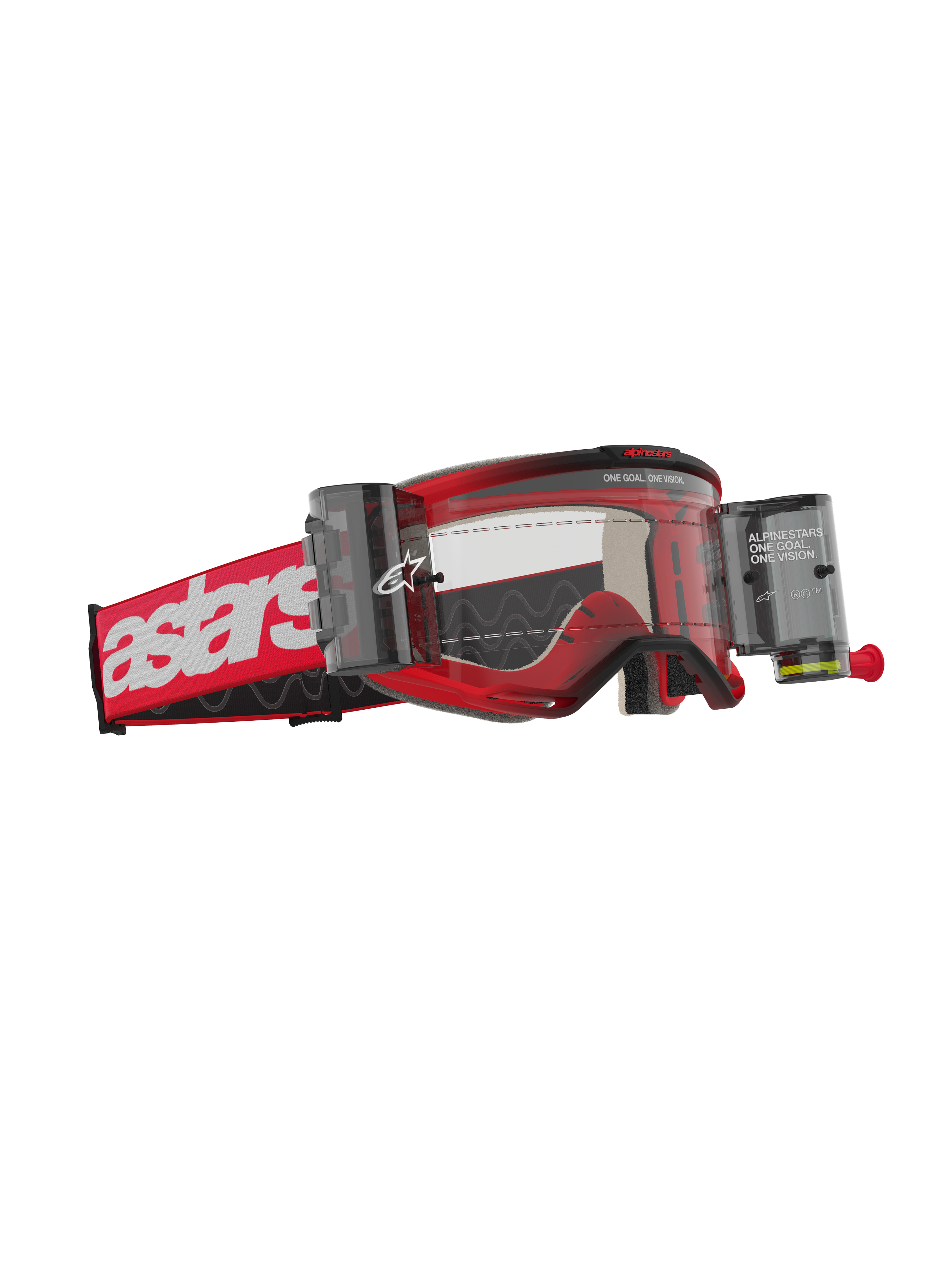 Alpinestars Vision 5 Blaze Goggles Roll Off, maschere da motocross, telaio rosso con logo astars bianco sul cinturino, lente trasparente con contenitori del sistema Wide Vision Roll-Off integrati, protezione oculare resistente per la guida fuoristrada
