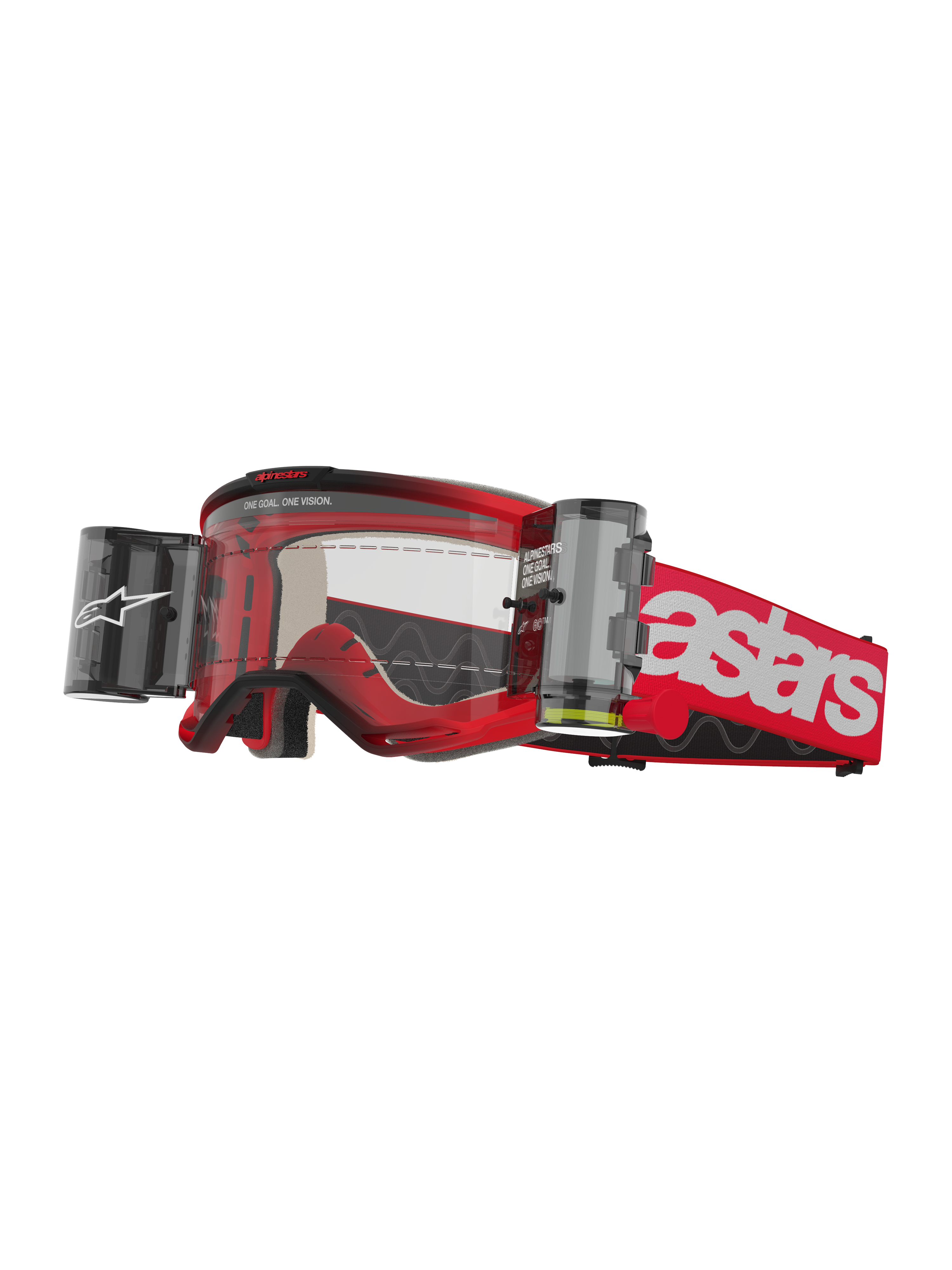 Alpinestars Vision 5 Blaze Goggles Roll Off, maschere da motocross, rosso e bianco, lente trasparente con sistema Wide Vision Roll-Off integrato, doppi contenitori laterali, cinturino rosso con logo Astars bianco, montatura in uretano con imbottitura in schiuma, occhiali racing off-road