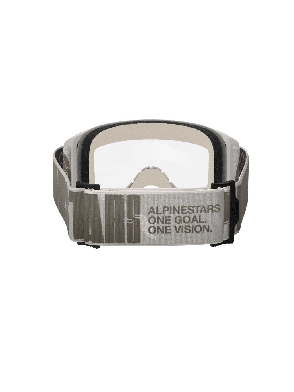 Maschera Alpinestars Vision 5 Hollow, maschera da motocross, Wind Clear, vista posteriore focalizzata sull'ampia fascia grigio chiaro con marchio Alpinestars e slogan 'One Goal One Vision', telaio bianco con lente trasparente e spessa schiuma facciale visibile