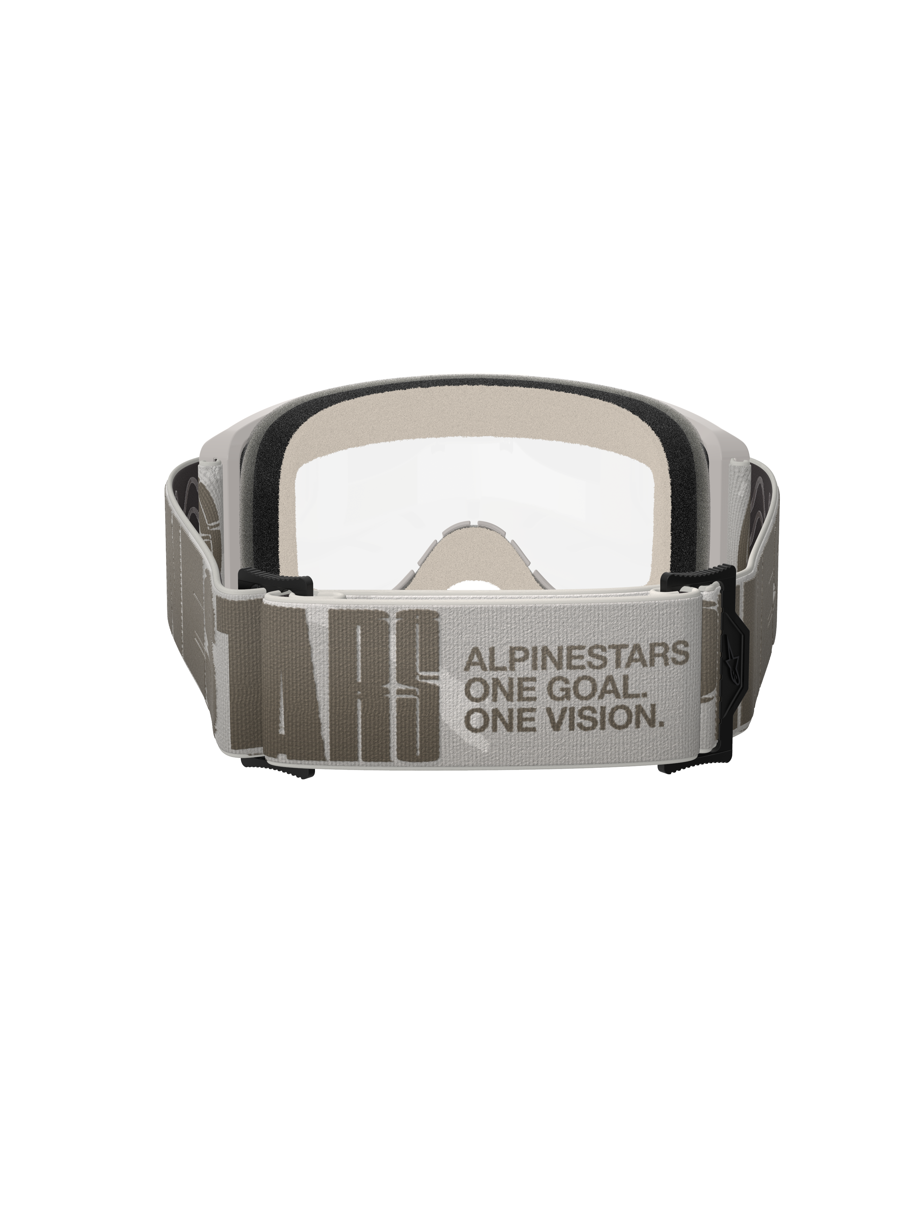 Maschera Alpinestars Vision 5 Hollow, maschera da motocross, Wind Clear, vista posteriore focalizzata sull'ampia fascia grigio chiaro con marchio Alpinestars e slogan 'One Goal One Vision', telaio bianco con lente trasparente e spessa schiuma facciale visibile