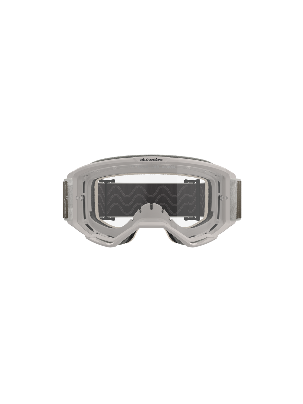 Alpinestars Vision 5 Hollow Goggles, maschere da motocross, Wind Clear, montatura bianca traslucida con lente trasparente antiappannamento, ampia fascia grigia regolabile con grip in silicone, attrezzatura professionale per il fuoristrada
