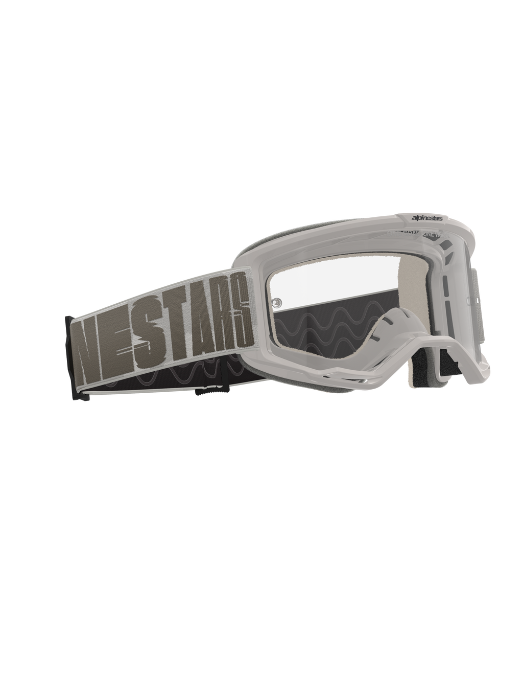 Maschere Alpinestars Vision 5 Hollow, maschere da motocross, Wind Clear, montatura grigio chiaro con lente trasparente antiappannamento, ampia fascia in tessuto con logo 'NESTARS' in evidenza, occhiali protettivi ad alte prestazioni per corse fuoristrada