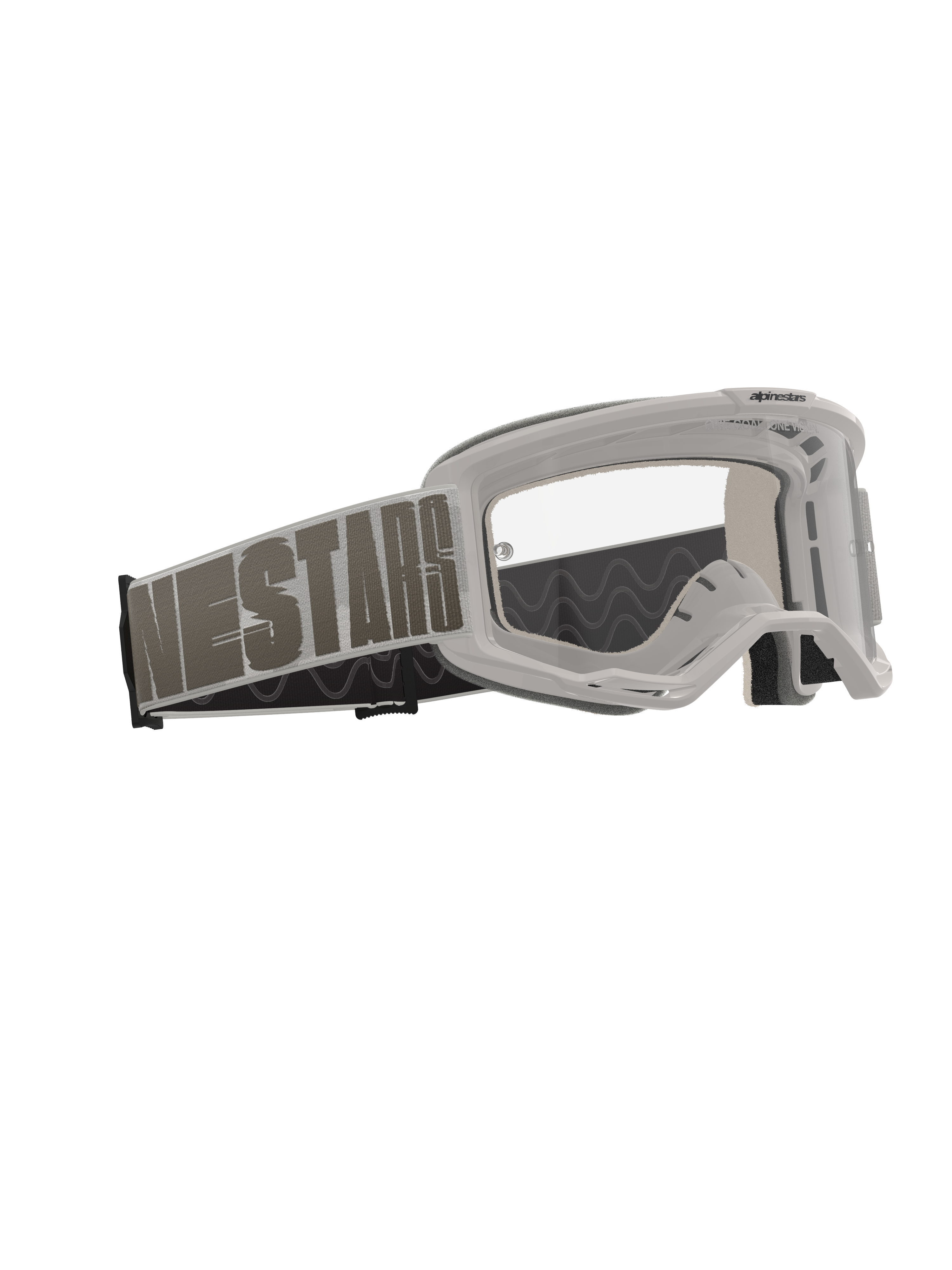 Maschere Alpinestars Vision 5 Hollow, maschere da motocross, Wind Clear, montatura grigio chiaro con lente trasparente antiappannamento, ampia fascia in tessuto con logo 'NESTARS' in evidenza, occhiali protettivi ad alte prestazioni per corse fuoristrada