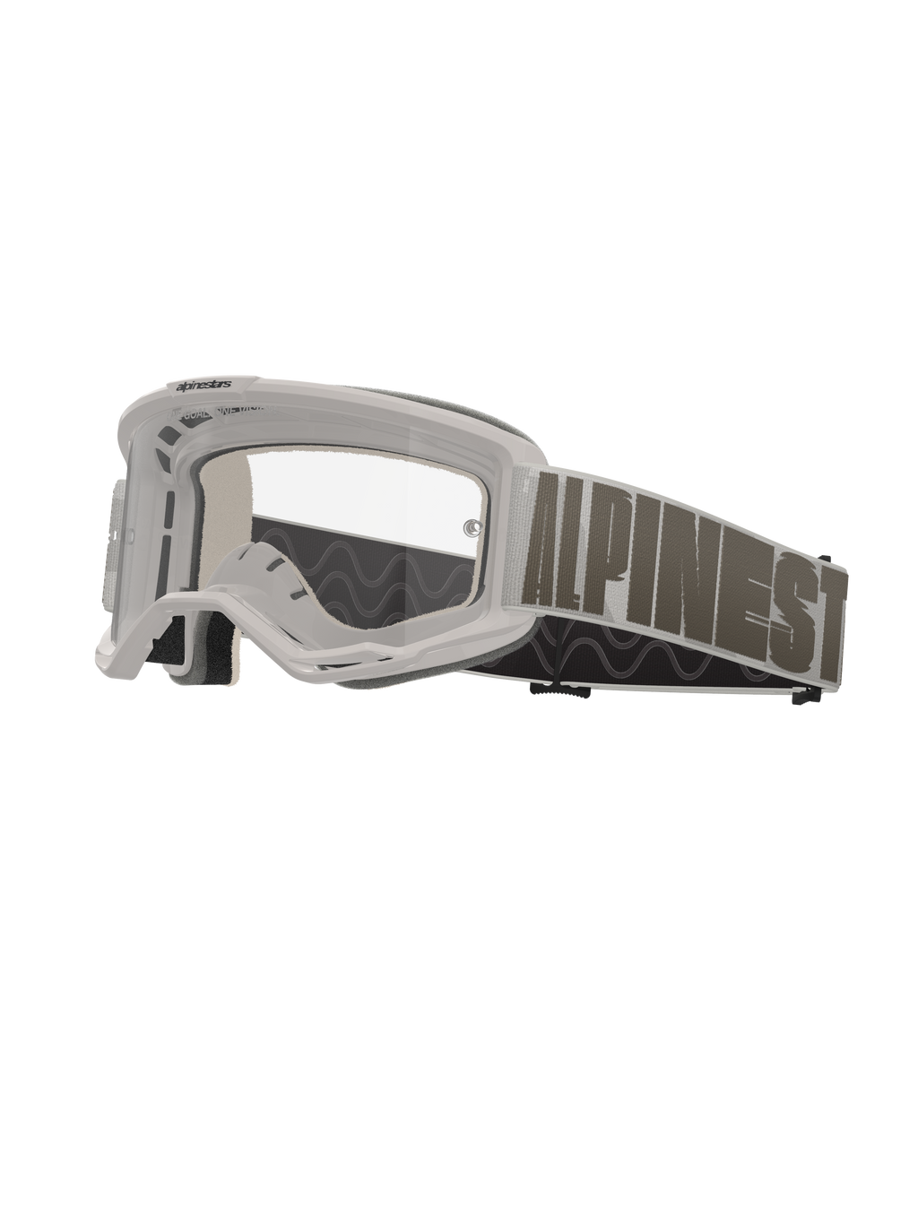 Alpinestars Vision 5 Hollow Goggles, occhiali da motocross, montatura bianca con lente trasparente, ampio cinturino grigio chiaro con scritta Alpinestars in grigio scuro, imbottitura in schiuma multistrato, protezione oculare per fuoristrada ad alte prestazioni
