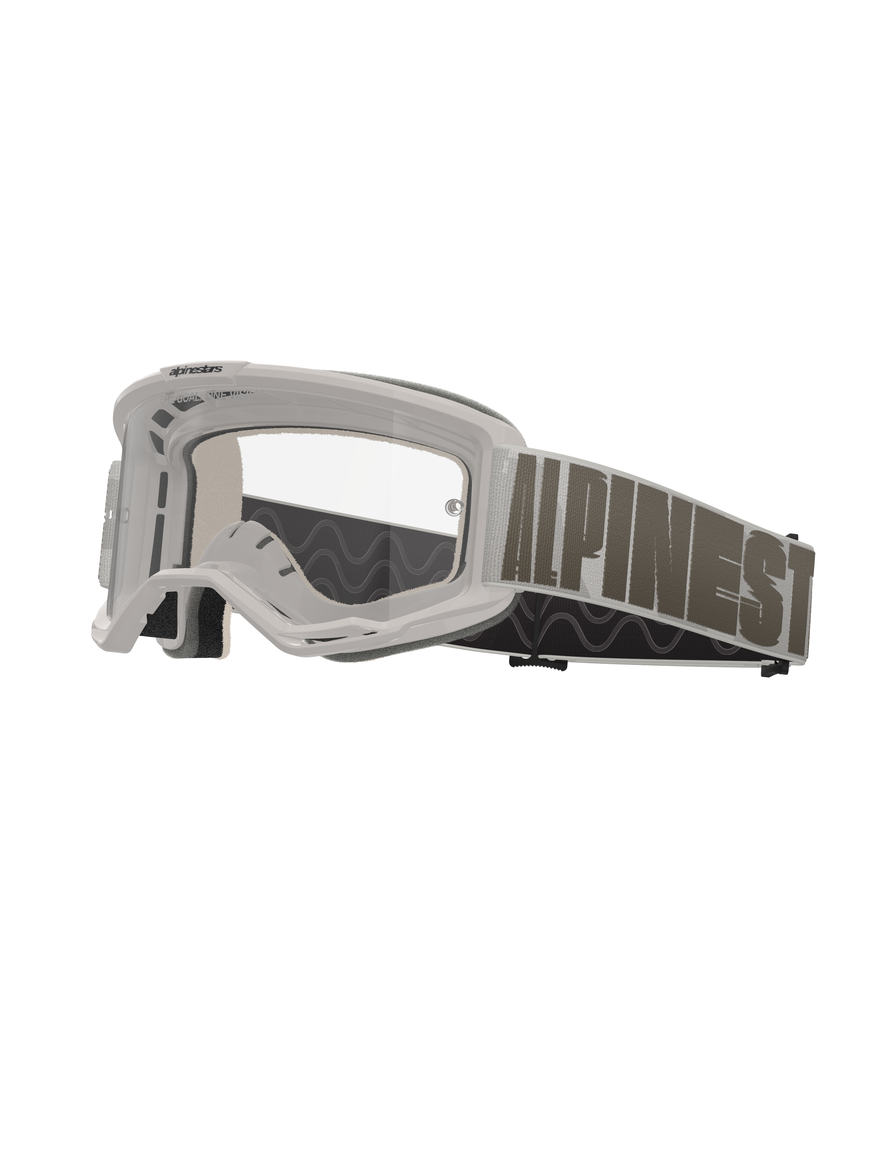 Alpinestars Vision 5 Hollow Goggles, occhiali da motocross, montatura bianca con lente trasparente, ampio cinturino grigio chiaro con scritta Alpinestars in grigio scuro, imbottitura in schiuma multistrato, protezione oculare per fuoristrada ad alte prestazioni