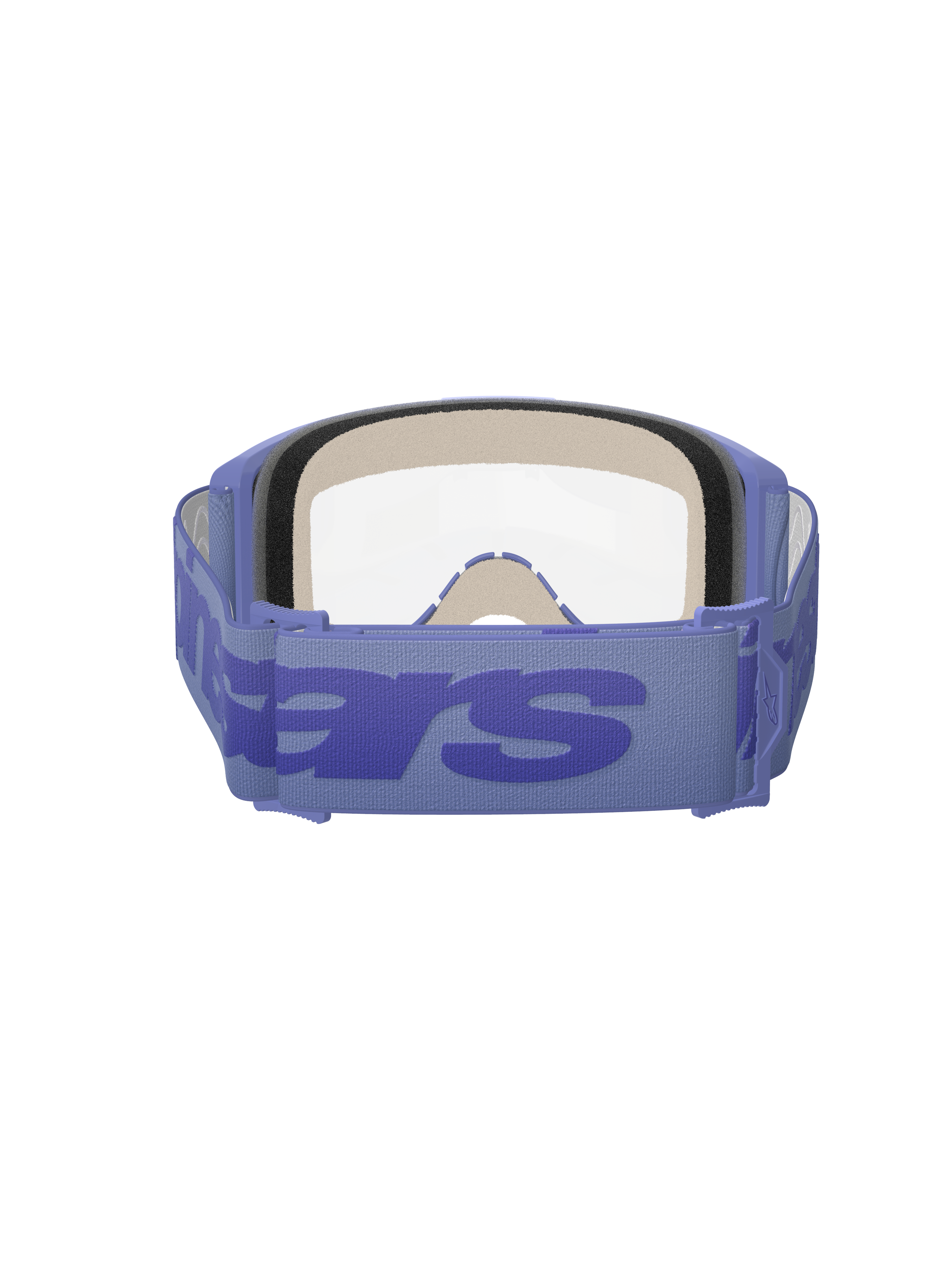Occhiali Alpinestars Vision 5 Wordmark, viola e trasparente, vista posteriore con schiuma facciale a triplo strato, ampia fascia intrecciata viola con logo wordmark, lente trasparente, progettati per motocross e corse fuoristrada
