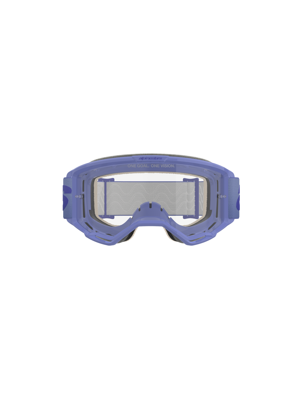 Occhiali Alpinestars Vision 5 Wordmark, viola e trasparente, con montatura leggera in uretano A-FLEX, lente in policarbonato trasparente antiappannamento con scritta 'ONE GOAL. ONE VISION.', schiuma facciale multistrato da 17 mm e fascia intrecciata viola con logo wordmark, protezione oculare professionale per motocross