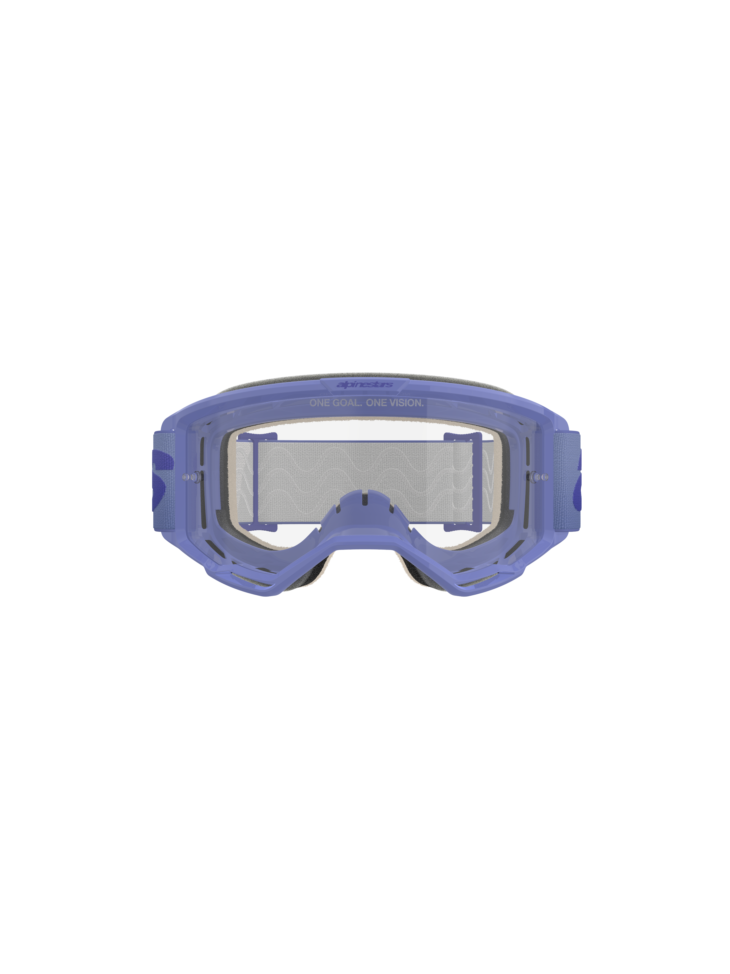 Occhiali Alpinestars Vision 5 Wordmark, viola e trasparente, con montatura leggera in uretano A-FLEX, lente in policarbonato trasparente antiappannamento con scritta 'ONE GOAL. ONE VISION.', schiuma facciale multistrato da 17 mm e fascia intrecciata viola con logo wordmark, protezione oculare professionale per motocross