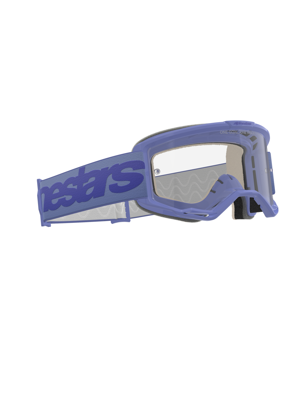 Alpinestars Vision 5 Wordmark Goggles, occhiali da motocross, viola e trasparente, caratterizzati da un'ampia fascia viola con marchio Alpinestars, montatura flessibile in uretano, lente trasparente antiappannamento e schiuma facciale multistrato