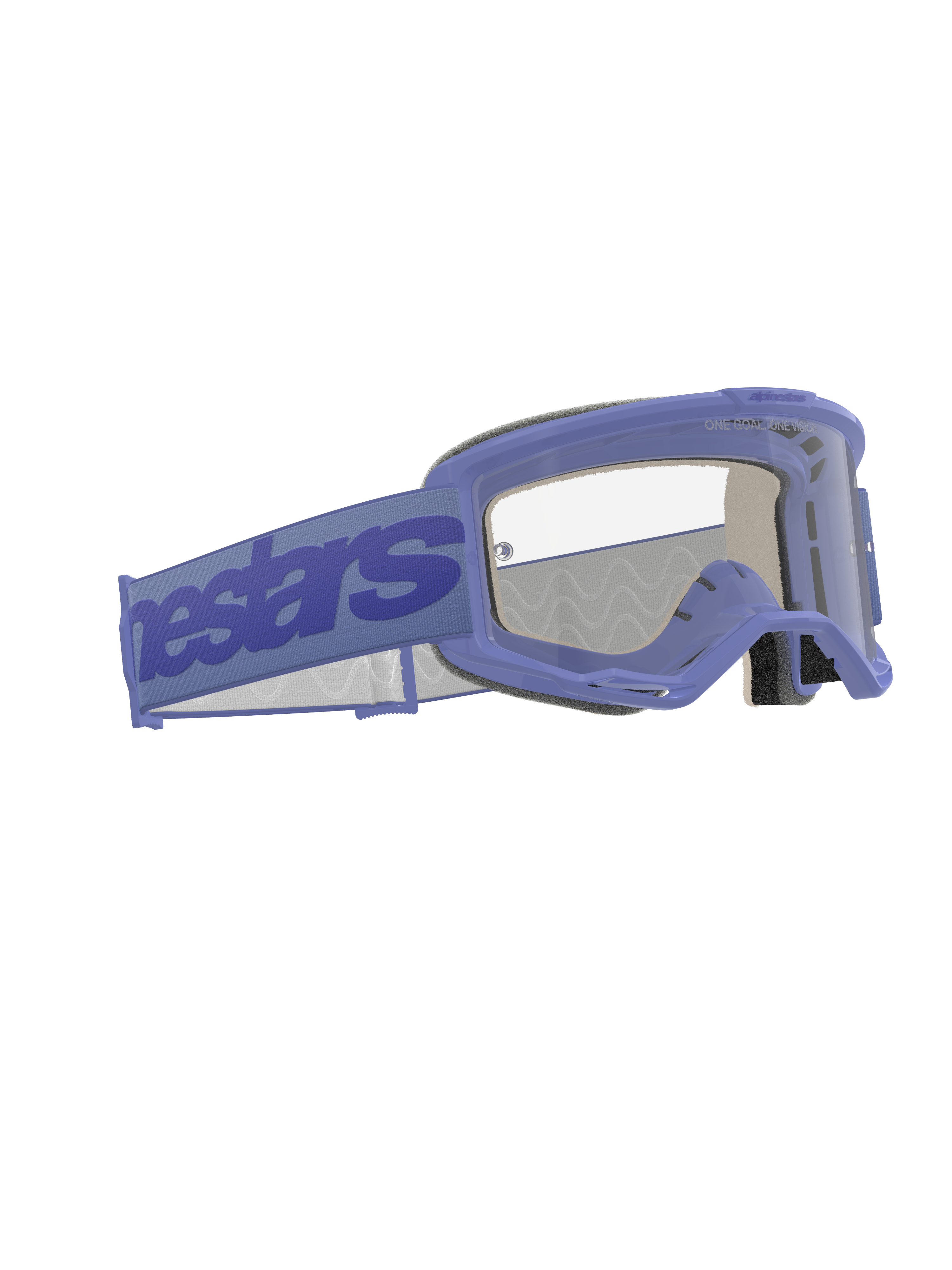 Alpinestars Vision 5 Wordmark Goggles, occhiali da motocross, viola e trasparente, caratterizzati da un'ampia fascia viola con marchio Alpinestars, montatura flessibile in uretano, lente trasparente antiappannamento e schiuma facciale multistrato