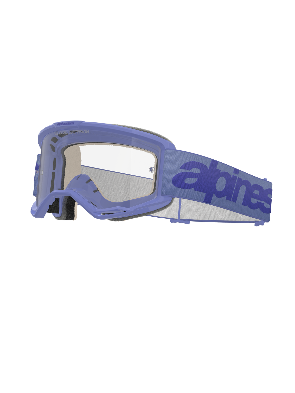 Occhiali Alpinestars Vision 5 Wordmark, maschera da motocross, montatura viola chiaro con lenti trasparenti, fascia viola con logo blu scuro, design ventilato A-FLEX, schiuma facciale multistrato, protezione per gli occhi fuoristrada