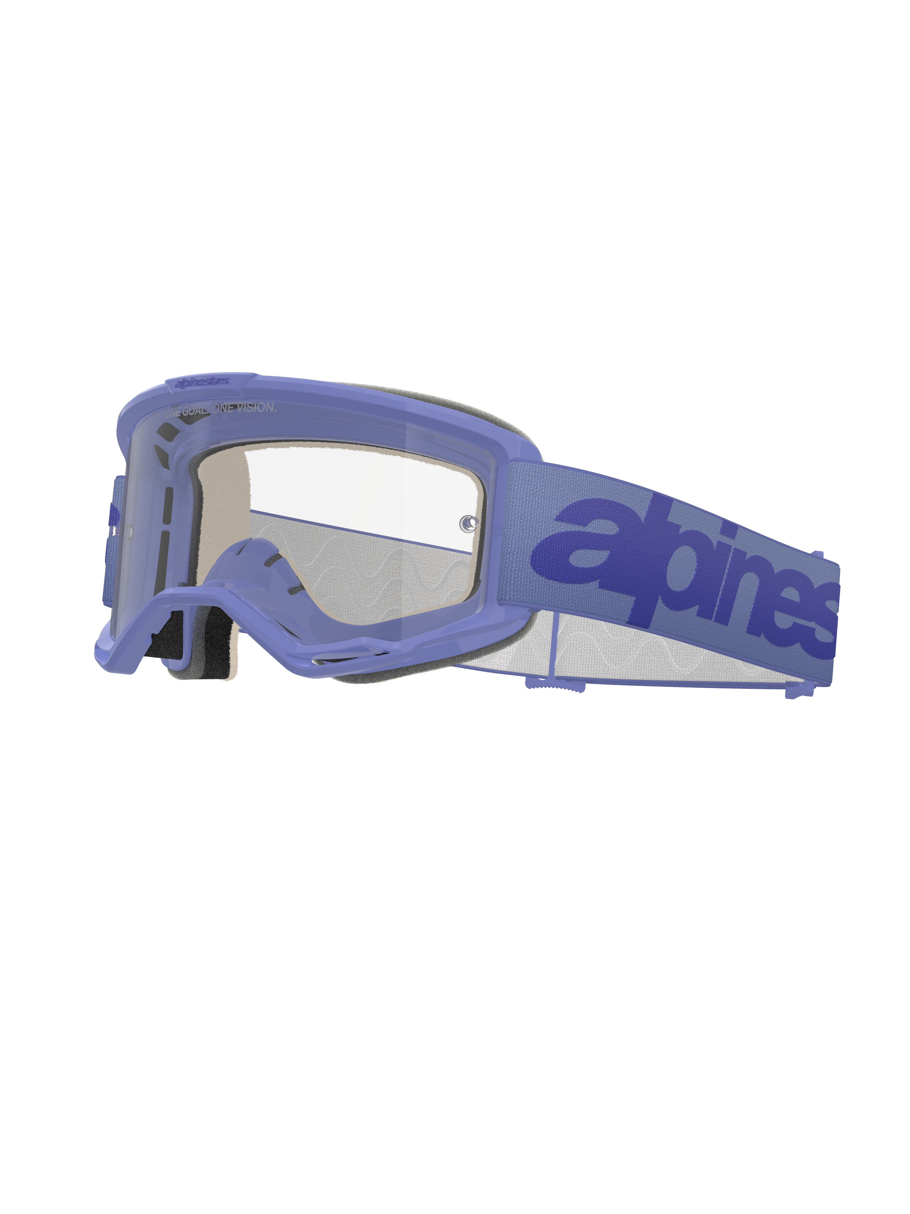 Occhiali Alpinestars Vision 5 Wordmark, maschera da motocross, montatura viola chiaro con lenti trasparenti, fascia viola con logo blu scuro, design ventilato A-FLEX, schiuma facciale multistrato, protezione per gli occhi fuoristrada