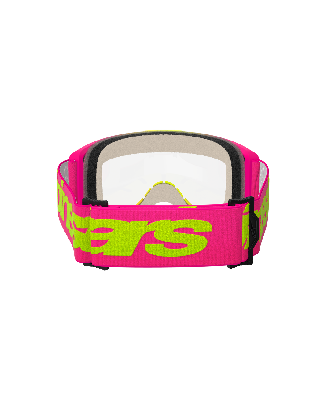 Maschera Alpinestars Vision 5 Wordmark, maschera da motocross, rosa e giallo fluo, vista posteriore che mostra l'ampia fascia intrecciata rosa con marchio Alpinestars giallo neon, lente trasparente e imbottitura in schiuma facciale multistrato