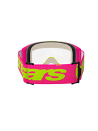 Maschera Alpinestars Vision 5 Wordmark, maschera da motocross, rosa e giallo fluo, vista posteriore che mostra l'ampia fascia intrecciata rosa con marchio Alpinestars giallo neon, lente trasparente e imbottitura in schiuma facciale multistrato