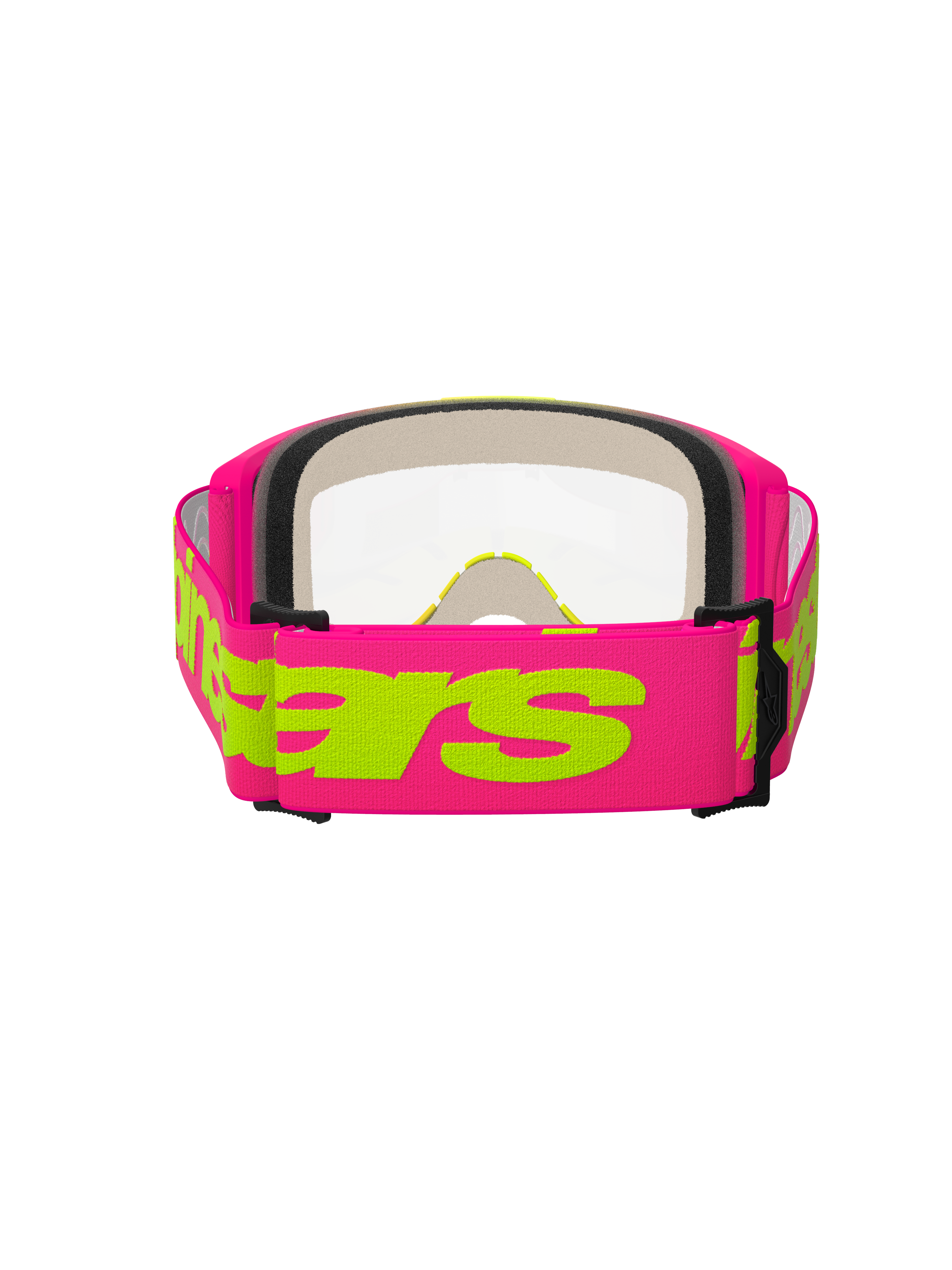 Maschera Alpinestars Vision 5 Wordmark, maschera da motocross, rosa e giallo fluo, vista posteriore che mostra l'ampia fascia intrecciata rosa con marchio Alpinestars giallo neon, lente trasparente e imbottitura in schiuma facciale multistrato