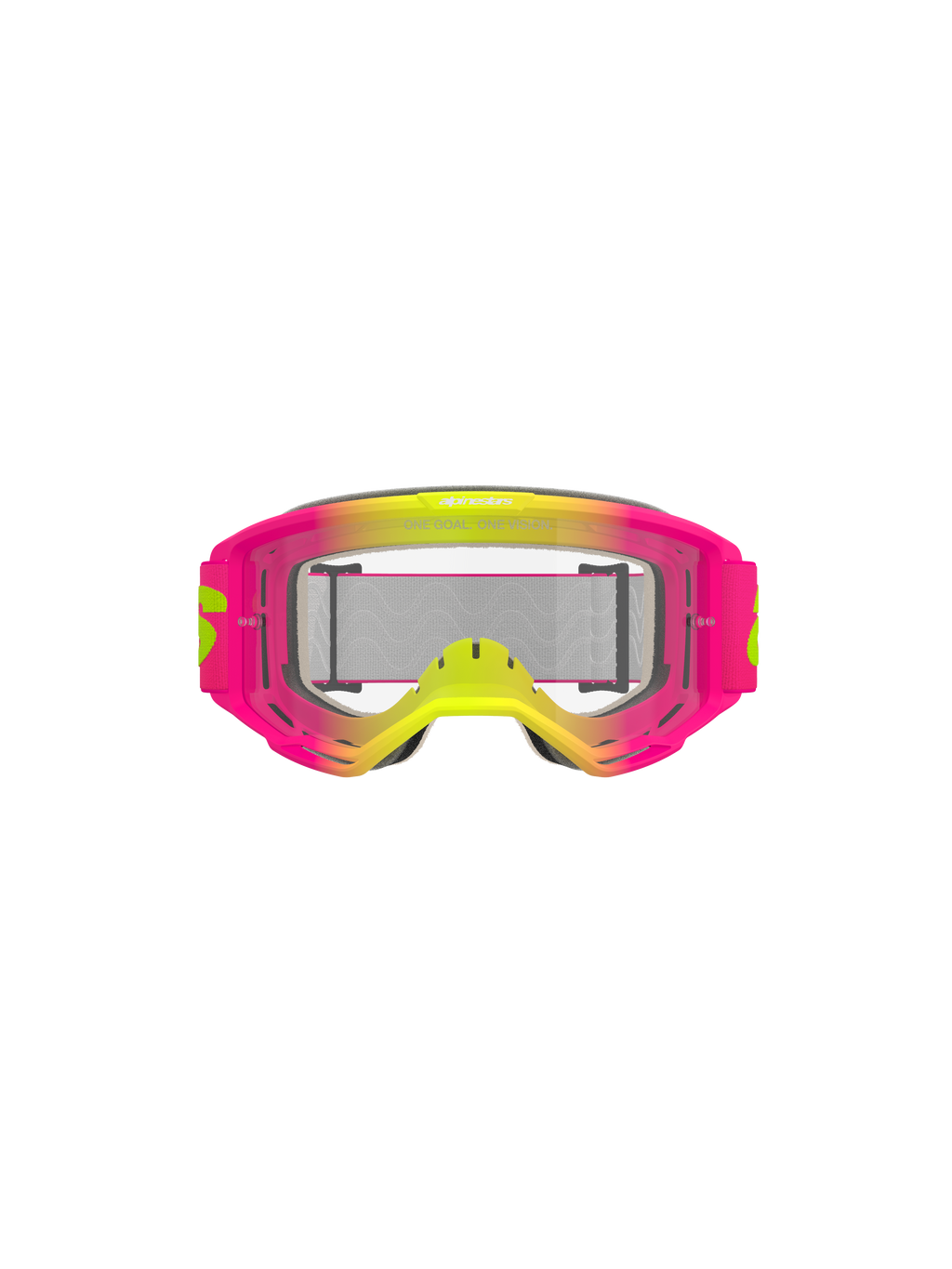 Alpinestars Vision 5 Wordmark Goggles, occhiali da motocross, rosa e giallo fluo con lente trasparente, montatura sfumata vivace, ampia fascia intrecciata con branding giallo, protezione per gli occhi ad alte prestazioni per la guida fuoristrada