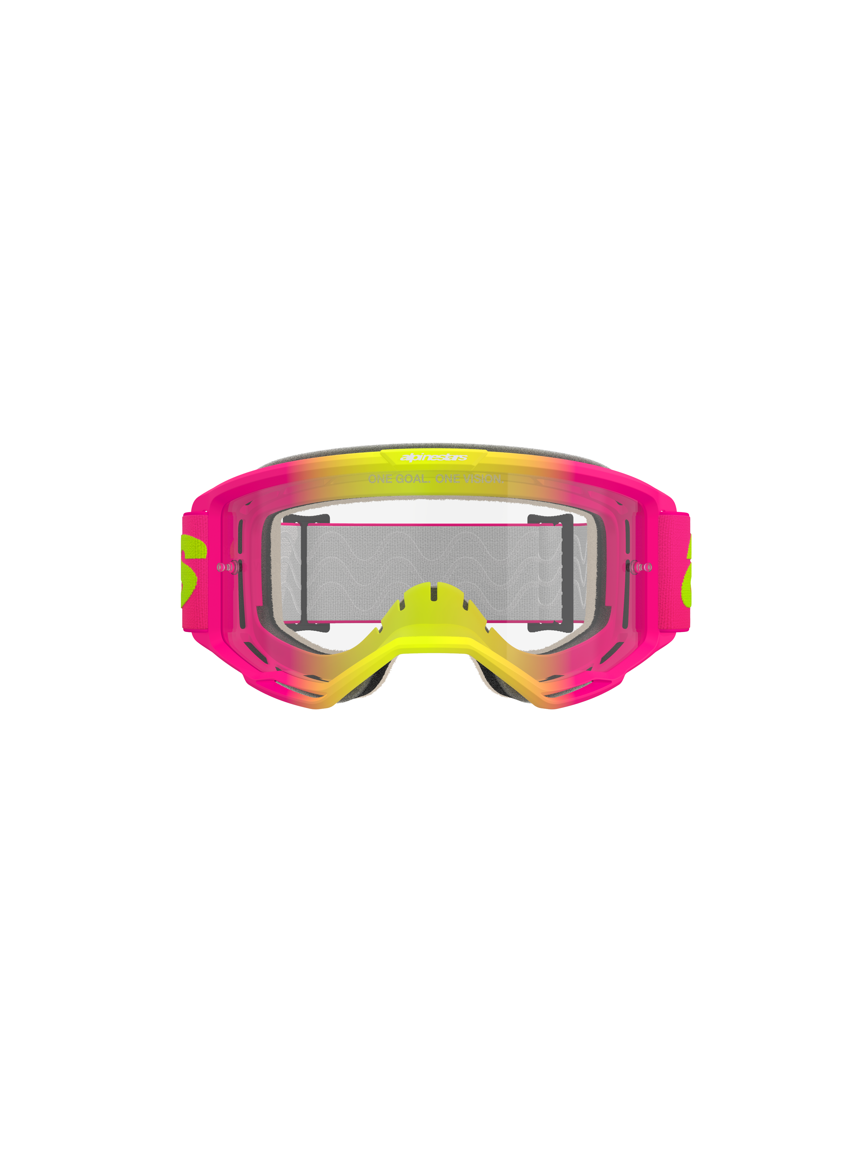 Alpinestars Vision 5 Wordmark Goggles, occhiali da motocross, rosa e giallo fluo con lente trasparente, montatura sfumata vivace, ampia fascia intrecciata con branding giallo, protezione per gli occhi ad alte prestazioni per la guida fuoristrada