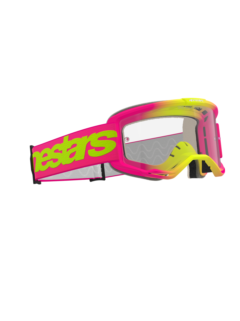 Occhiali Alpinestars Vision 5 Wordmark, maschera da motocross, montatura rosa e giallo fluorescente con lente trasparente, ampia fascia rosa con logo Alpinestars wordmark giallo neon, protezione per gli occhi ad alte prestazioni per il fuoristrada