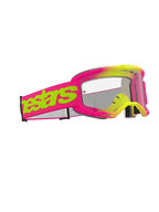 Occhiali Alpinestars Vision 5 Wordmark, maschera da motocross, montatura rosa e giallo fluorescente con lente trasparente, ampia fascia rosa con logo Alpinestars wordmark giallo neon, protezione per gli occhi ad alte prestazioni per il fuoristrada