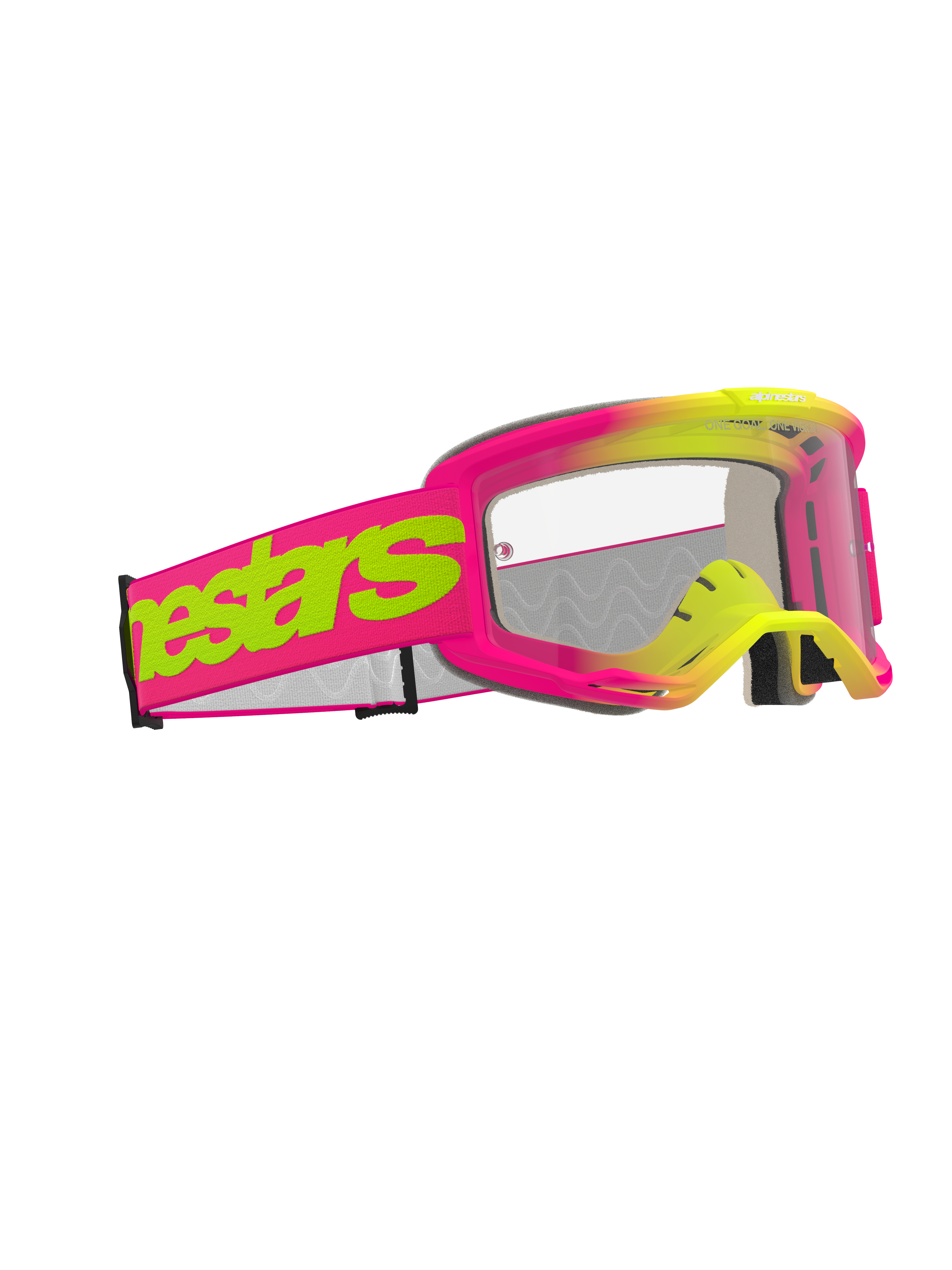 Occhiali Alpinestars Vision 5 Wordmark, maschera da motocross, montatura rosa e giallo fluorescente con lente trasparente, ampia fascia rosa con logo Alpinestars wordmark giallo neon, protezione per gli occhi ad alte prestazioni per il fuoristrada
