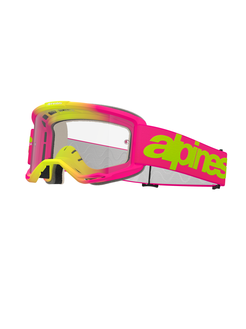 Alpinestars Vision 5 Wordmark Goggles, occhiali da motocross, rosa e giallo fluo con lente trasparente, vistosa scritta verde lime sul cinturino rosa, schiuma facciale multistrato, design ventilato per gare fuoristrada