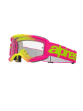 Alpinestars Vision 5 Wordmark Goggles, occhiali da motocross, rosa e giallo fluo con lente trasparente, vistosa scritta verde lime sul cinturino rosa, schiuma facciale multistrato, design ventilato per gare fuoristrada