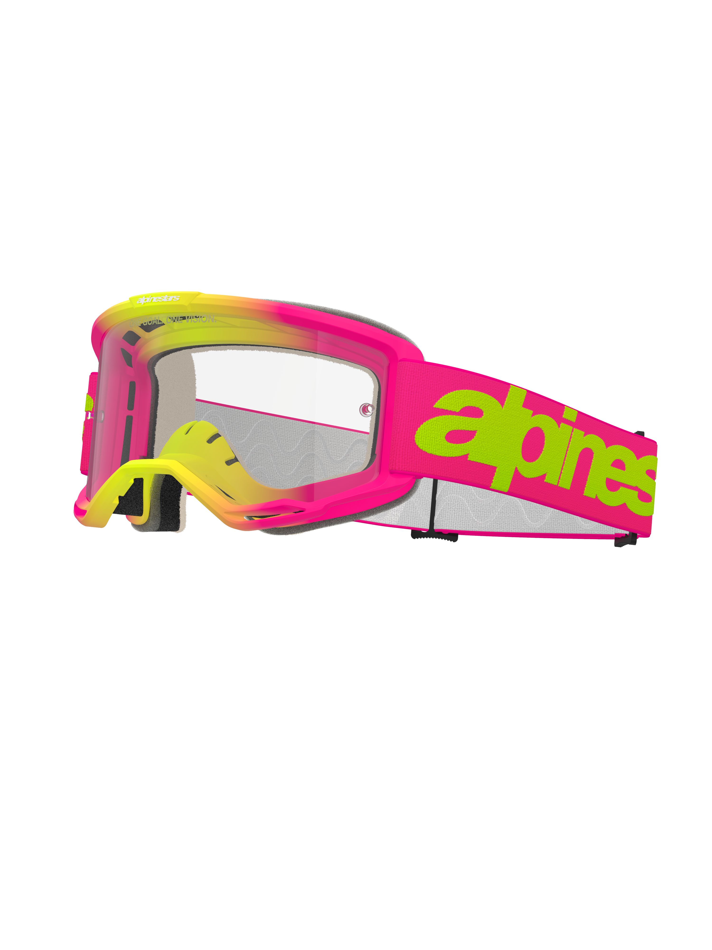 Alpinestars Vision 5 Wordmark Goggles, occhiali da motocross, rosa e giallo fluo con lente trasparente, vistosa scritta verde lime sul cinturino rosa, schiuma facciale multistrato, design ventilato per gare fuoristrada