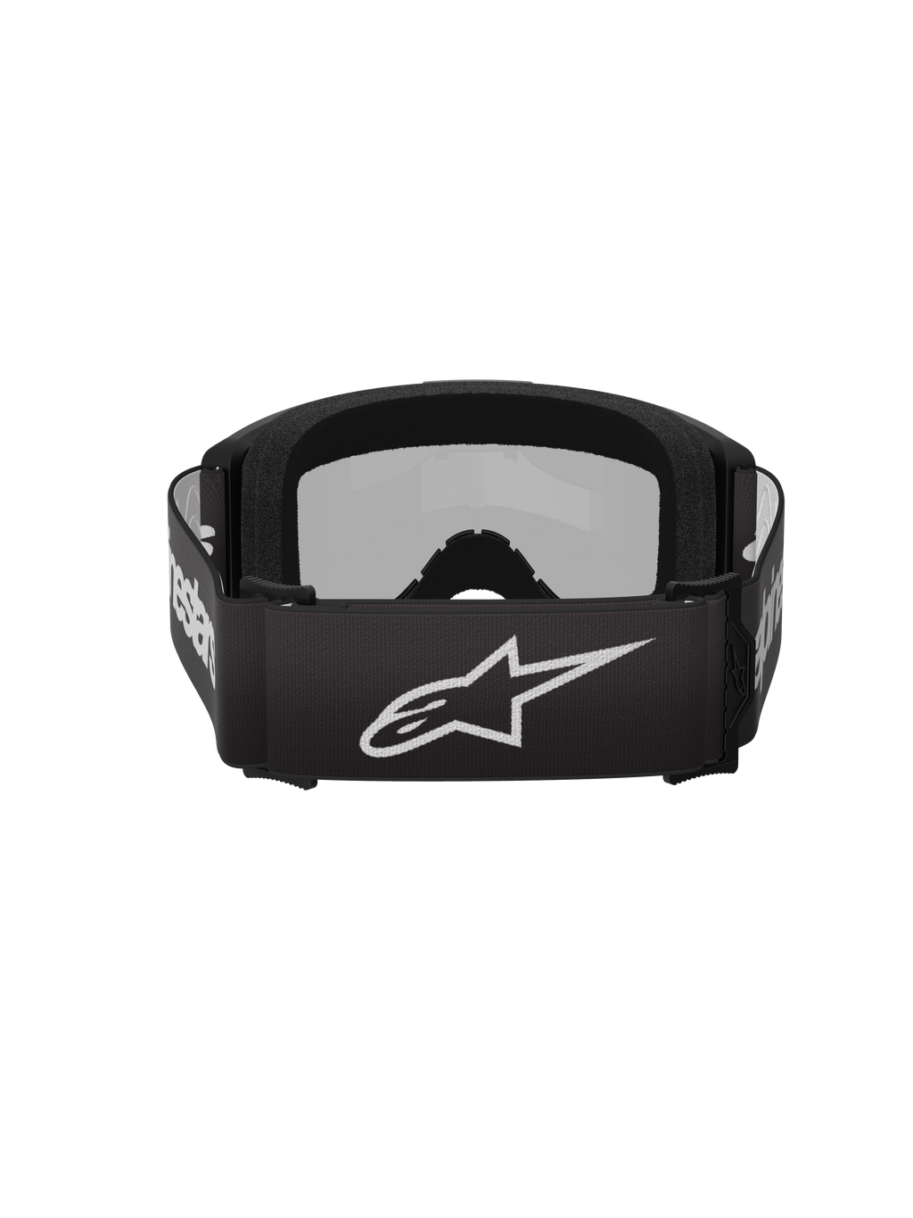 Alpinestars Vision 3 Wordmark Goggles, occhiali da motocross, nero e argento a specchio, vista posteriore con fascia in tessuto nera con logo Alpinestars bianco e morbida imbottitura interna in schiuma.