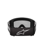Alpinestars Vision 3 Wordmark Goggles, occhiali da motocross, nero e argento a specchio, vista posteriore con fascia in tessuto nera con logo Alpinestars bianco e morbida imbottitura interna in schiuma.
