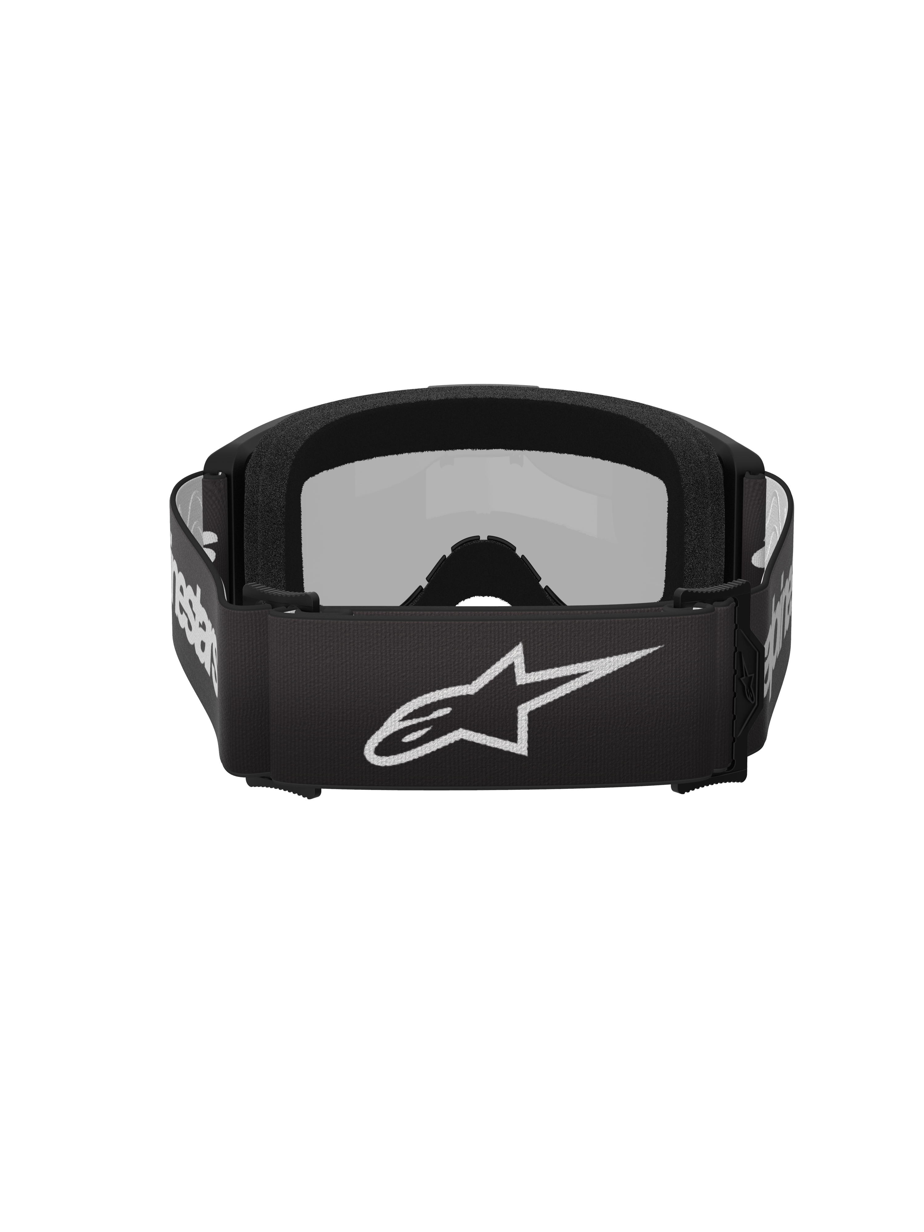 Alpinestars Vision 3 Wordmark Goggles, occhiali da motocross, nero e argento a specchio, vista posteriore con fascia in tessuto nera con logo Alpinestars bianco e morbida imbottitura interna in schiuma.