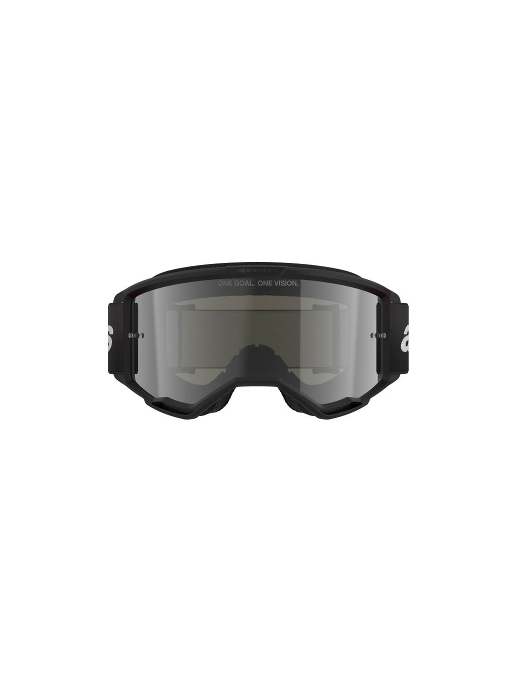 Alpinestars Vision 3 Wordmark Goggles, occhiali da motocross, Black Mirror Silver, caratterizzati da una montatura nera e lente a specchio argento, fascia intrecciata nera con marchio bianco, progettati per gare fuoristrada e protezione degli occhi