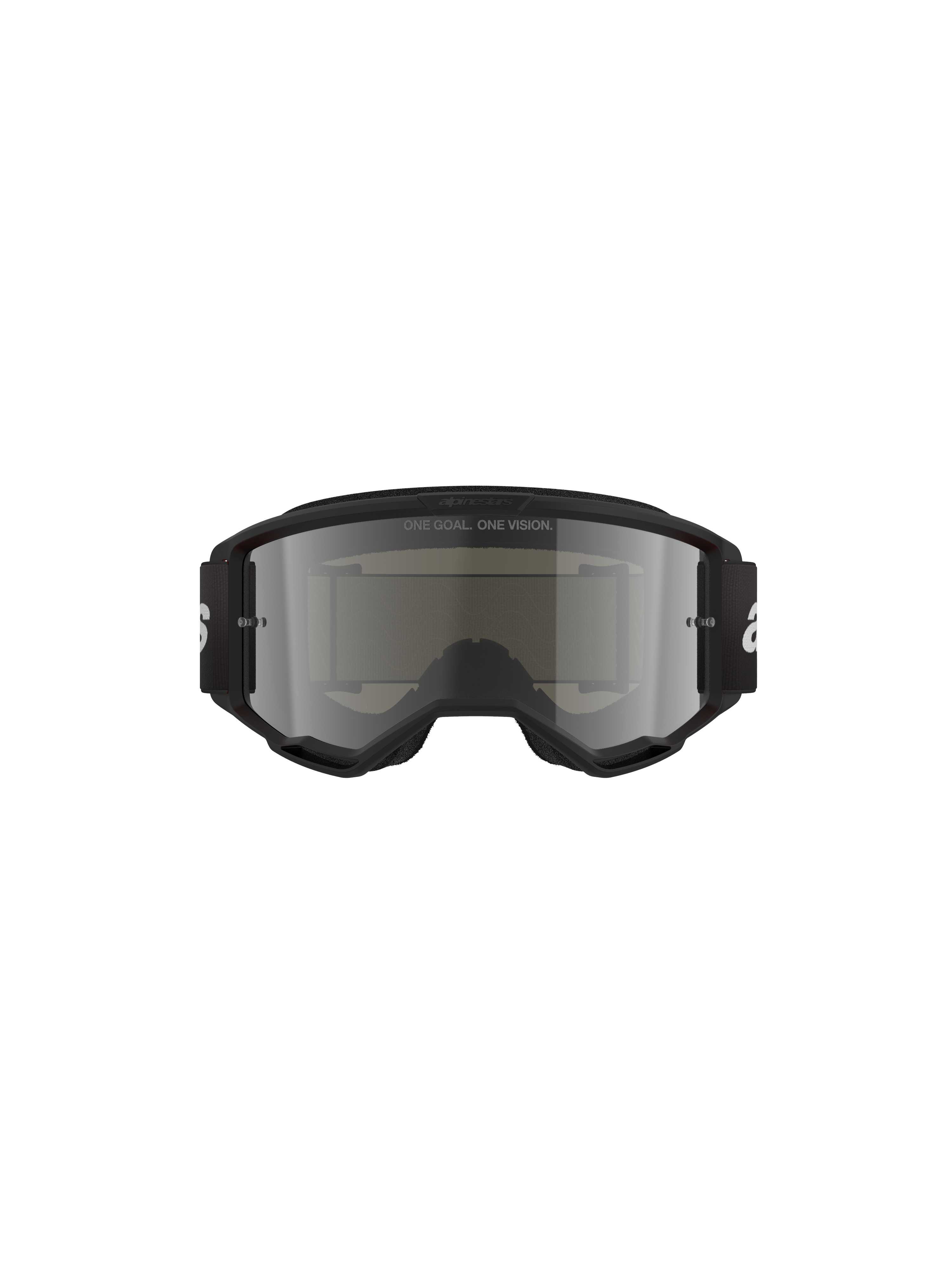 Alpinestars Vision 3 Wordmark Goggles, occhiali da motocross, Black Mirror Silver, caratterizzati da una montatura nera e lente a specchio argento, fascia intrecciata nera con marchio bianco, progettati per gare fuoristrada e protezione degli occhi